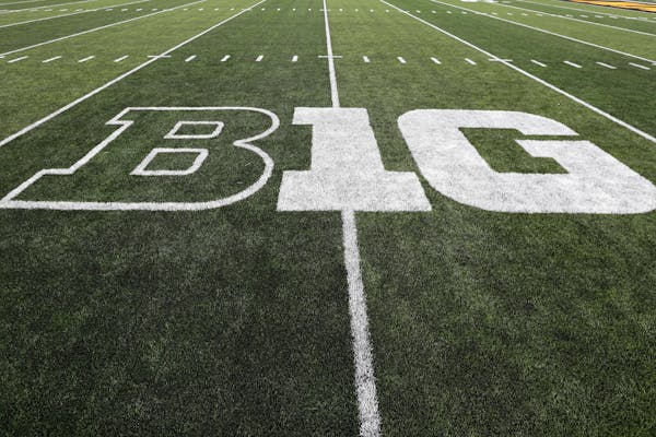 The Big Ten logo is displayed on the field before a game between Iowa and Miami of Ohio in Iowa City