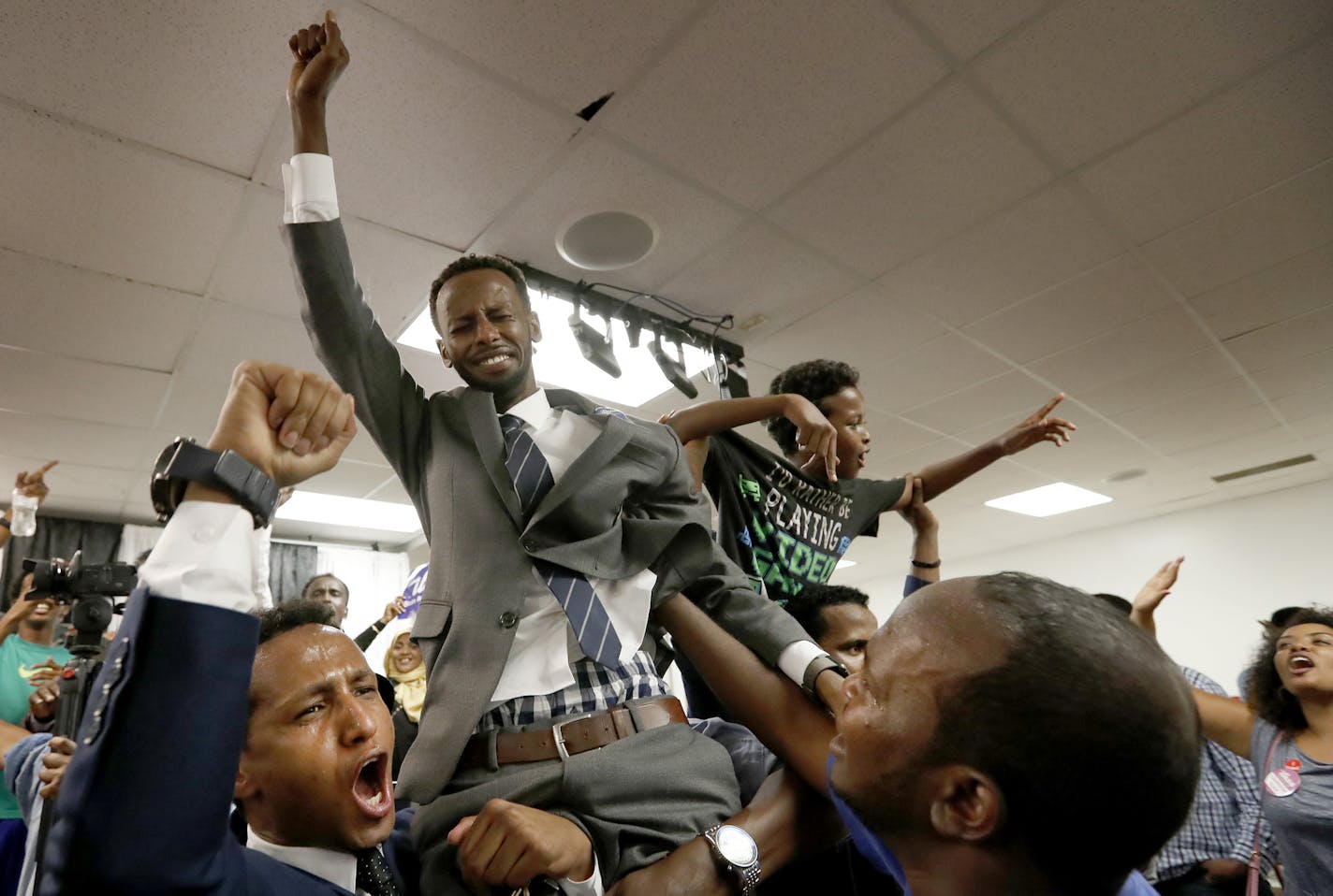 Supporters of Ilhan Omar celebrated after getting the election results at Kalsan in Minneapolis. ] CARLOS GONZALEZ cgonzalez@startribune.com - August 9, 2016, Minneapolis, MN, A handful of sitting legislators faced tough primary challenges this year, including Reps. Phyllis Kahn, Joe Mullery, Kurt Daudt and Rena Moran.