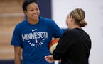 Lynx head coach Cheryl Reeve spoke with first-round pick Napheesa Collier during last season's training camp.