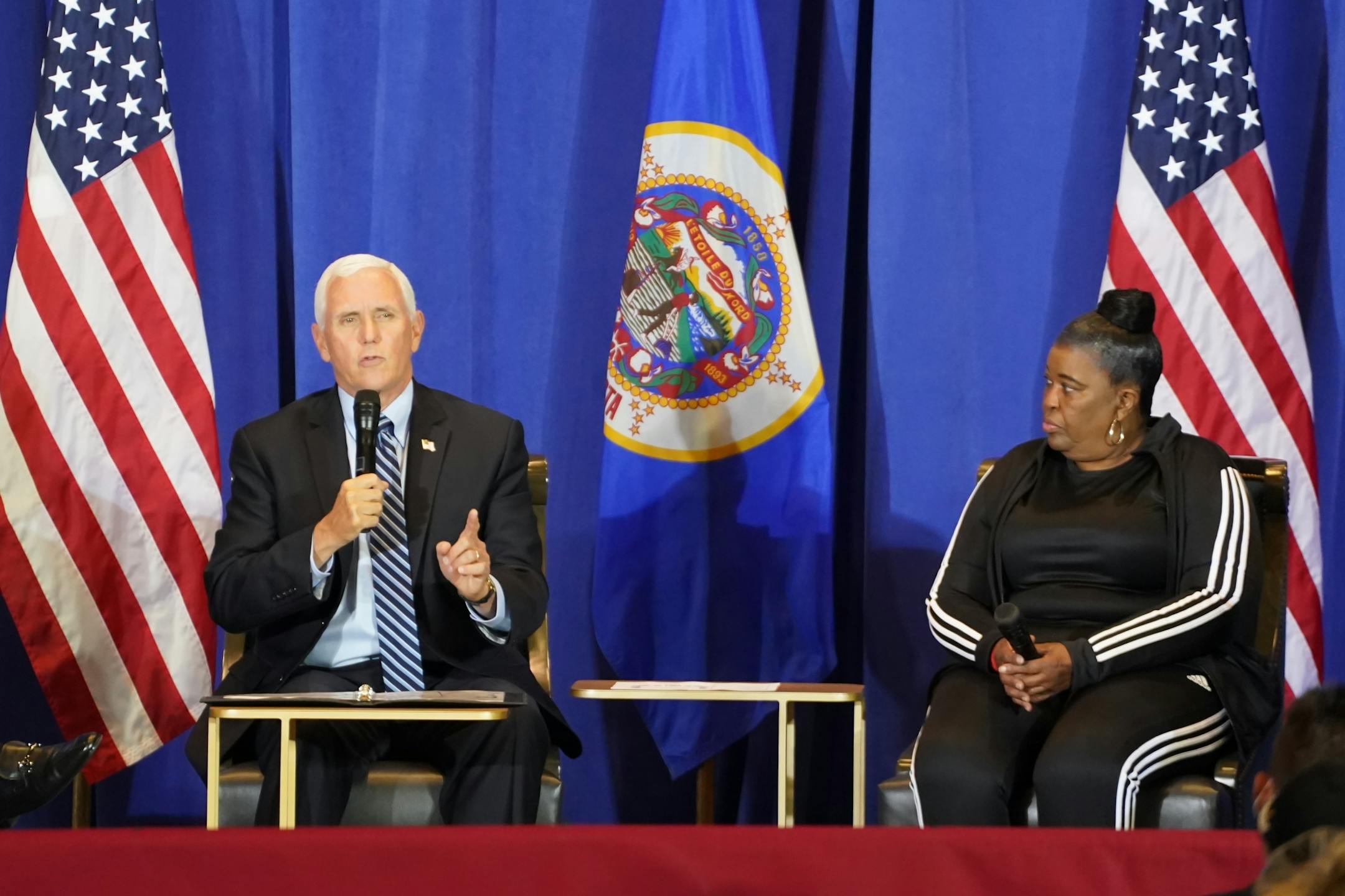 Vice President Mike Pence introduced the owner of a Northside Minneapolis hair salon that was destroyed during rioting. He stopped their earlier in the day. Vice President Mike Pence and Ivanka Trump are holding a 'Cops for Trump' listening session in Minneapolis, meeting with community members whose businesses and lives have been negatively impacted by crime and rioting.