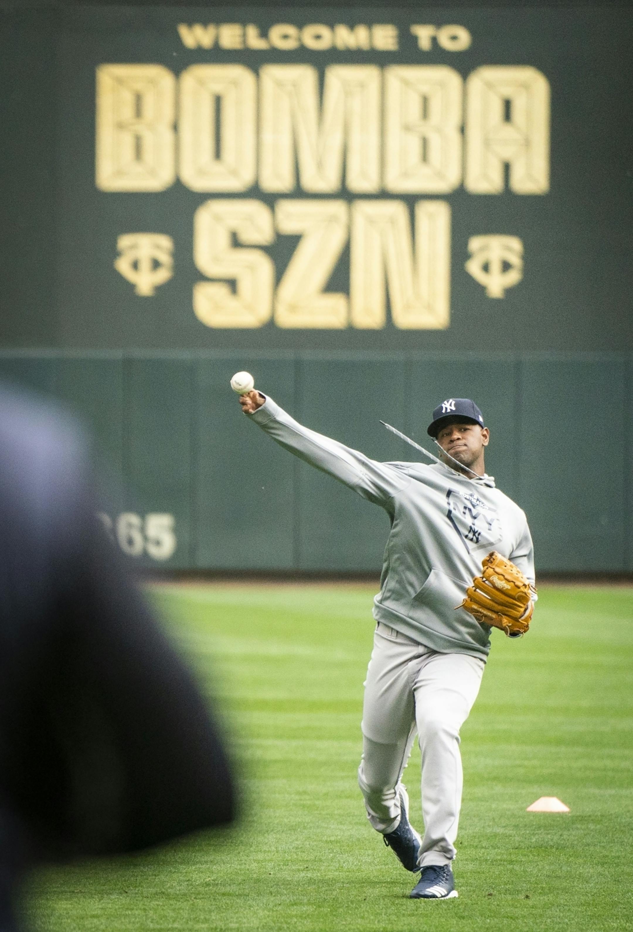 New York Yankees starting pitcher Luis Severino (40) worked out on the field.