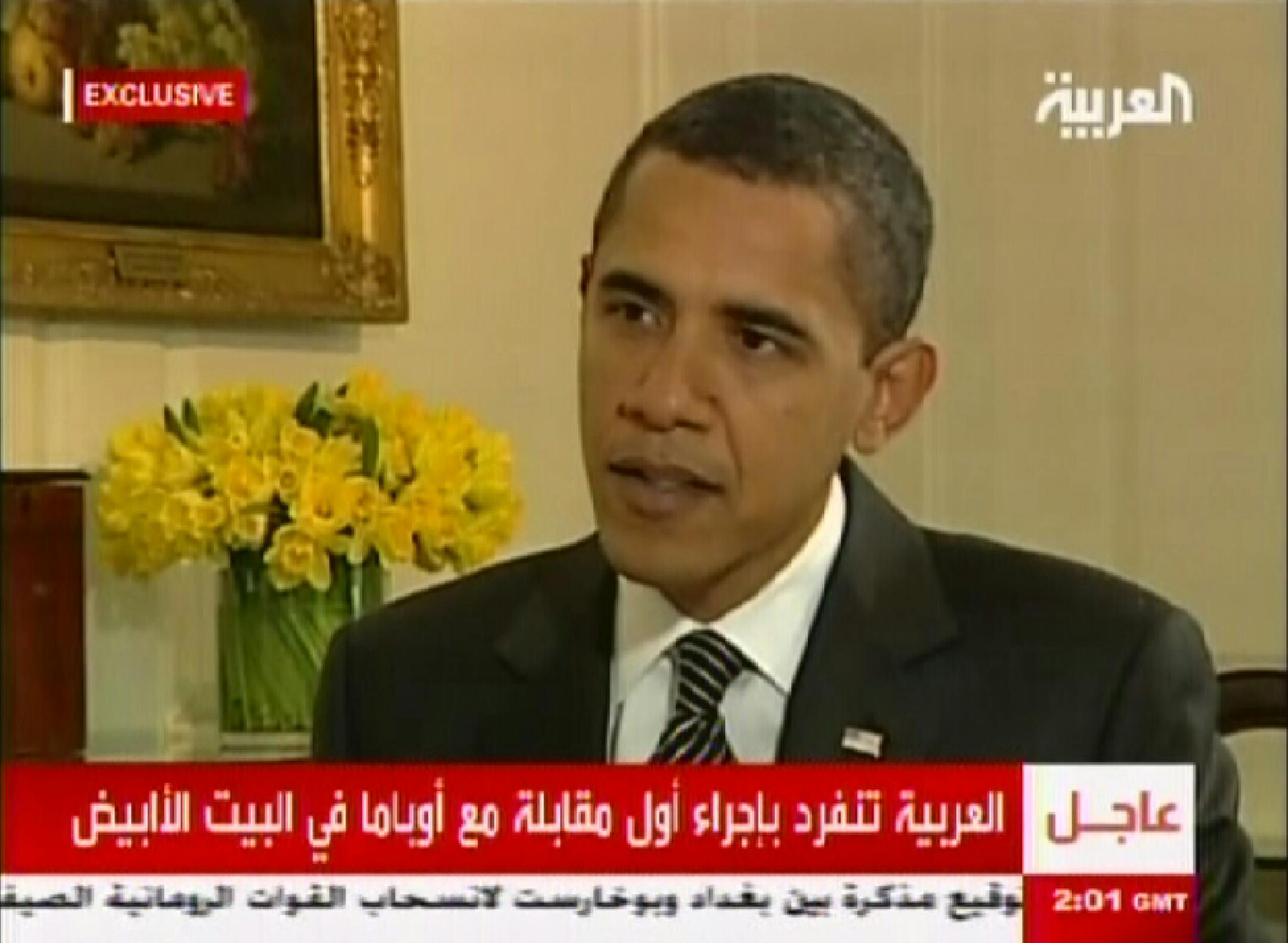 In an image made from a video provided by Al-Arabiya, President Barack Obama is interviewed in Washington by Dubai-based Al-Arabiya cable network.