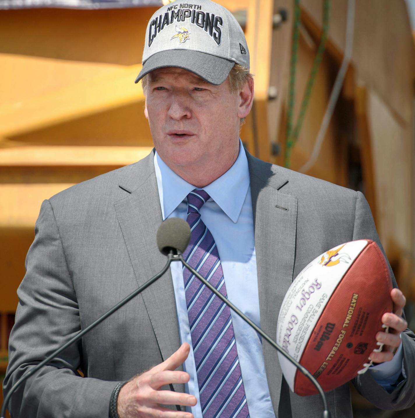 NFL Commissioner Roger Goodell received a commemorative football from the Wilfs to thank him for his support. ] GLEN STUBBE * gstubbe@startribune.com Tuesday, August 2, 2016 The Minnesota Vikings, along with partners Kraus-Anderson, Crawford Architects and the City of Eagan, officially broke ground on the team's new practice facility and headquarters. Open to the media, the groundbreaking ceremony is scheduled to include remarks from NFL Commissioner Roger Goodell, City of Eagan Mayor Mike Magui