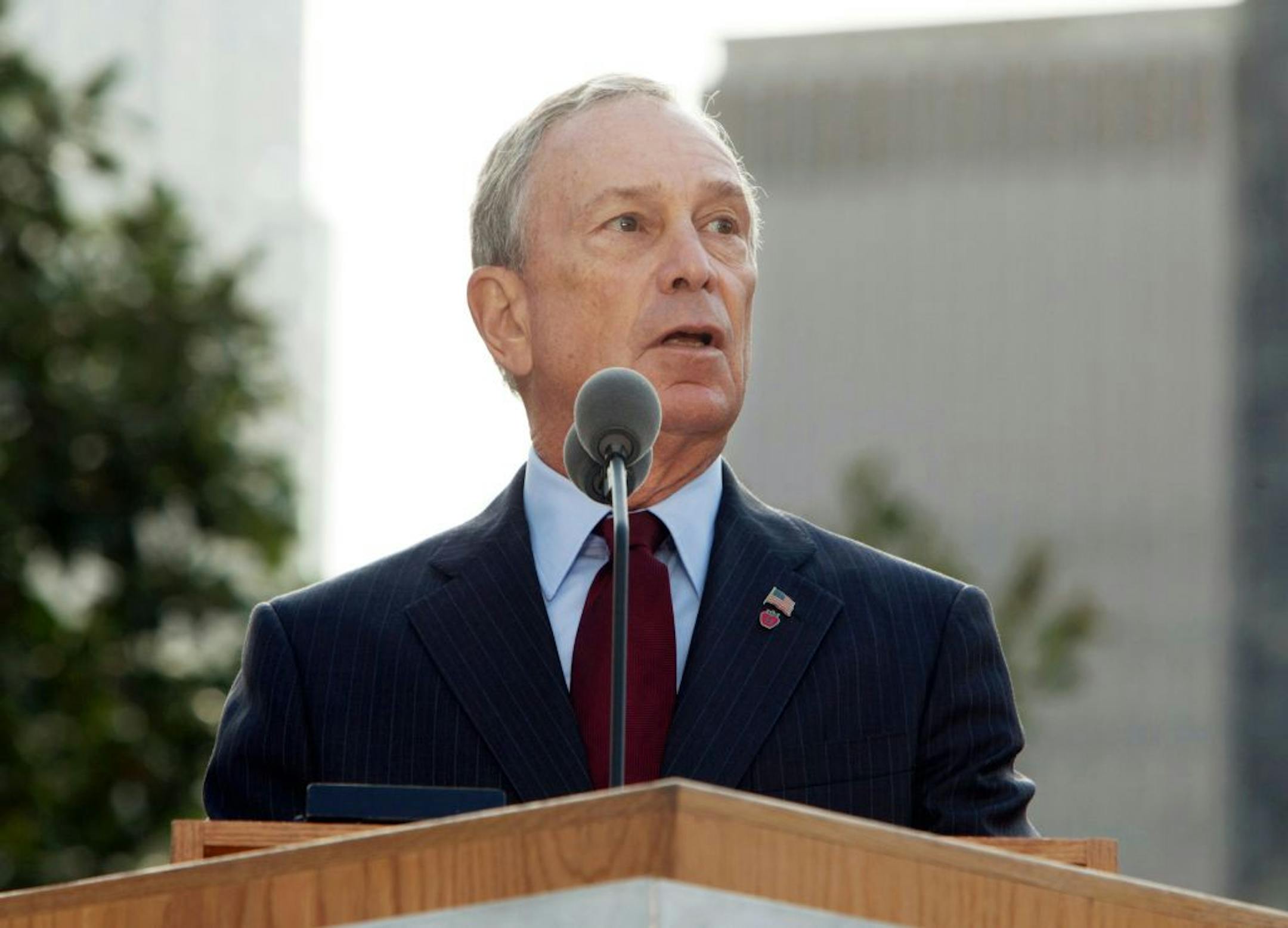 FILE - In this Sept. 11, 2011 file photo, New York Mayor Michael Bloomberg speaks during a ceremony marking the 10th anniversary of the attacks on the world Trade Center at the National September 11 Memorial in New York. For the first time, elected officials won�t be allowed to speak Tuesday, Sept. 11, 2012, at an occasion that has allowed them a solemn turn in the spotlight, a change made in the name of avoiding politics, but rapped by some as a political move in itself.