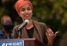 In this file photo, Rep. Ilhan Omar, D-Minn., speaks during a news conference outside the Democratic-Farmer-Labor Party headquarters on Aug. 5, 2020, 