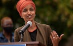 In this file photo, Rep. Ilhan Omar, D-Minn., speaks during a news conference outside the Democratic-Farmer-Labor Party headquarters on Aug. 5, 2020, 