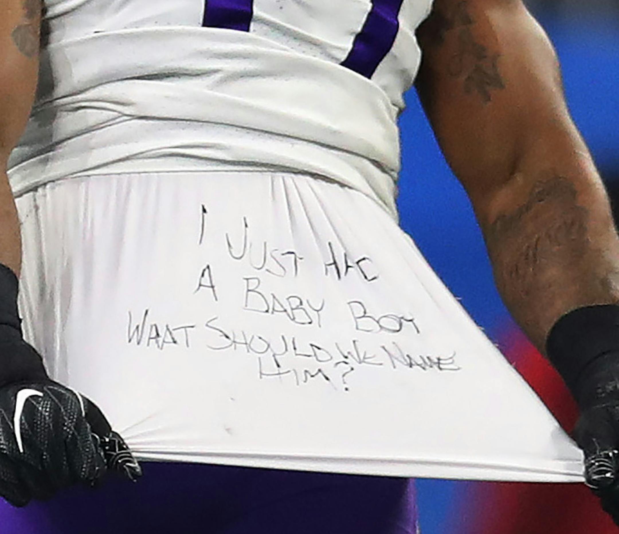 Minnesota Vikings defensive end Everson Griffen (97) pulled his shirt from under his jersey with a message about the birth of is son after sacking Detroit Lions quarterback Matthew Stafford (9) at Ford Field Thursday November 23, 2017 in Detroit , MI.] The Detroit Lions hosted the Minnesota Vikings Thanksgiving Day.JERRY HOLT ï jerry.holt@startribune.com