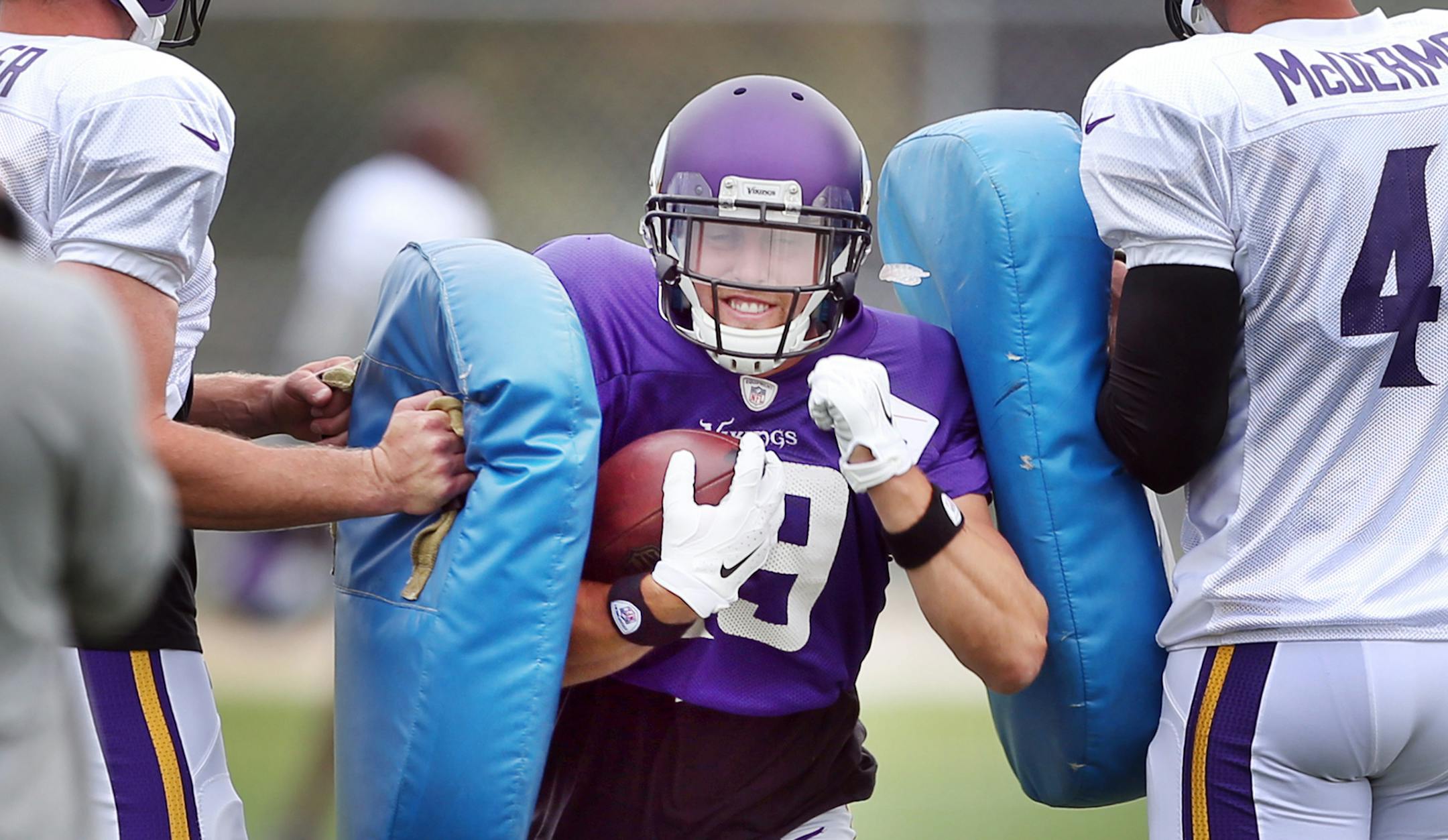 Vikings receiver Adam Thielen worked blocking drills at Minnesota State University Mankato Thursday 6, 2015 in Mankato, MN. ] Jerry Holt/ Jerry.Holt@Startribune.com ORG XMIT: MIN1508070719370169