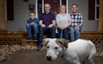 CJ Cummings, 12, Caleb McMurray, 16, Kari and Patrick Cummings photographed with their adopted dog Sadie from Ruff Start Rescue.