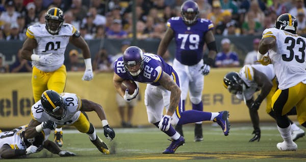 Vikings tight end Kyle Rudolph had a pair of 11-yard receptions against Pittsburgh during the first-team offense&#x2019;s one possession on Sunday nig