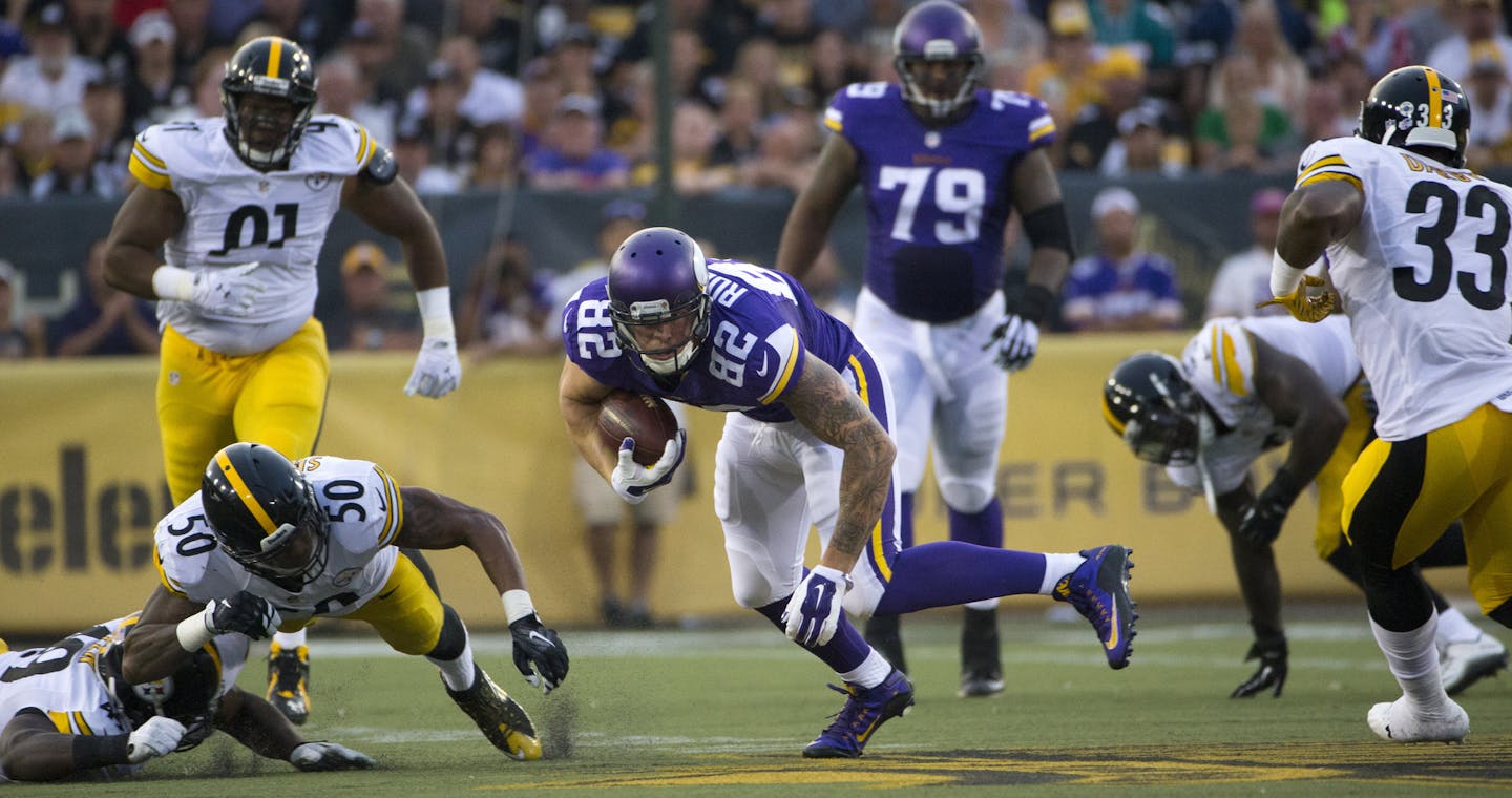 Vikings tight end Kyle Rudolph had a pair of 11-yard receptions against Pittsburgh during the first-team offense&#x2019;s one possession on Sunday night in the Hall of Fame Game.