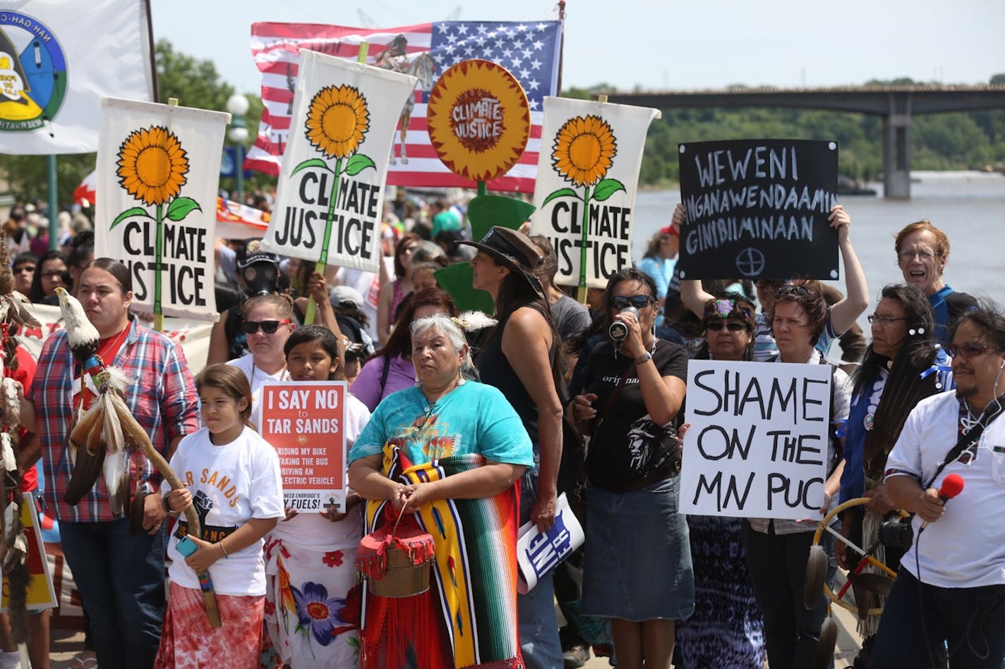 Protesters of the Sandpiper pipeline in Minnesota gathered at the Mississippi River before walking to the Capitol on Saturday, June 6, 2015.