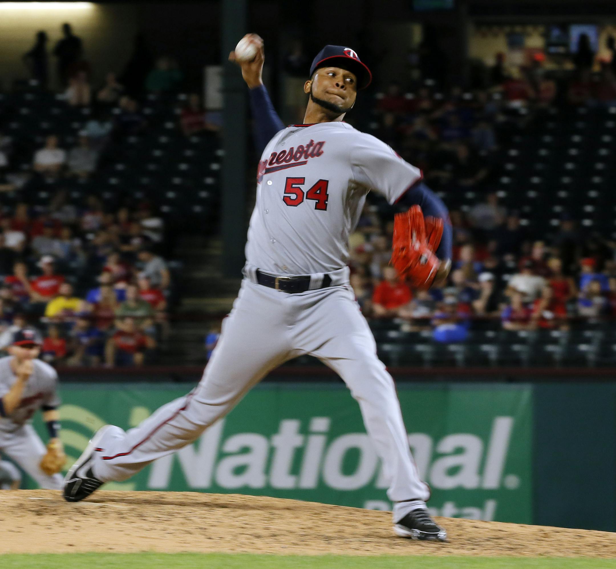Minnesota Twins starting pitcher Ervin Santana delivers to the Texas Rangers in the sixth inning of a baseball game in Arlington, Texas, Tuesday, April 25, 2017. (AP Photo/Tony Gutierrez)