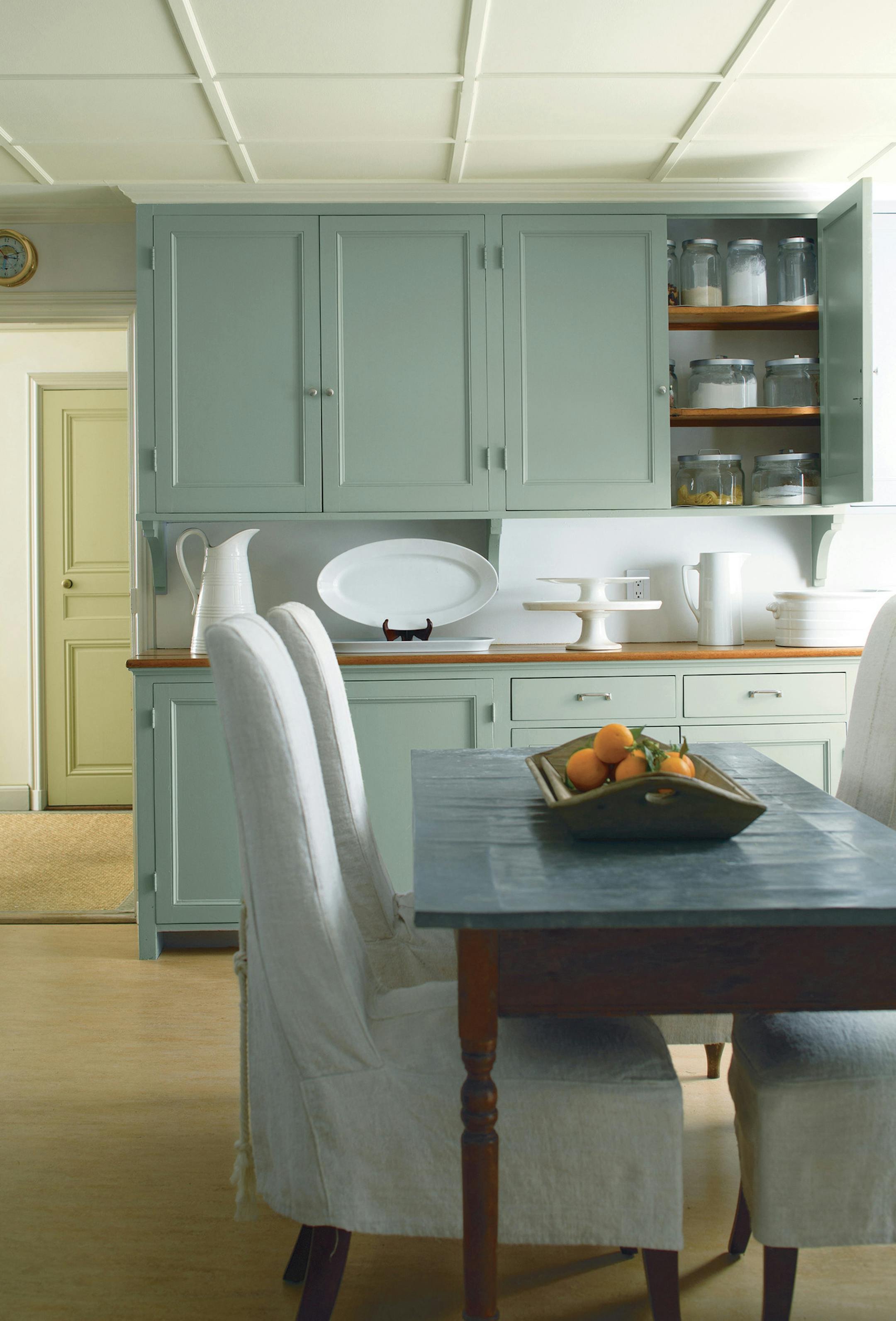 Benjamin Moore's Antique Jade and Maid of the Mist Advance semigloss paints were used on cabinets for a shine-enhanced finish without the hassle of true lacquer finishes. (Benjamin Moore) ORG XMIT: 1171943