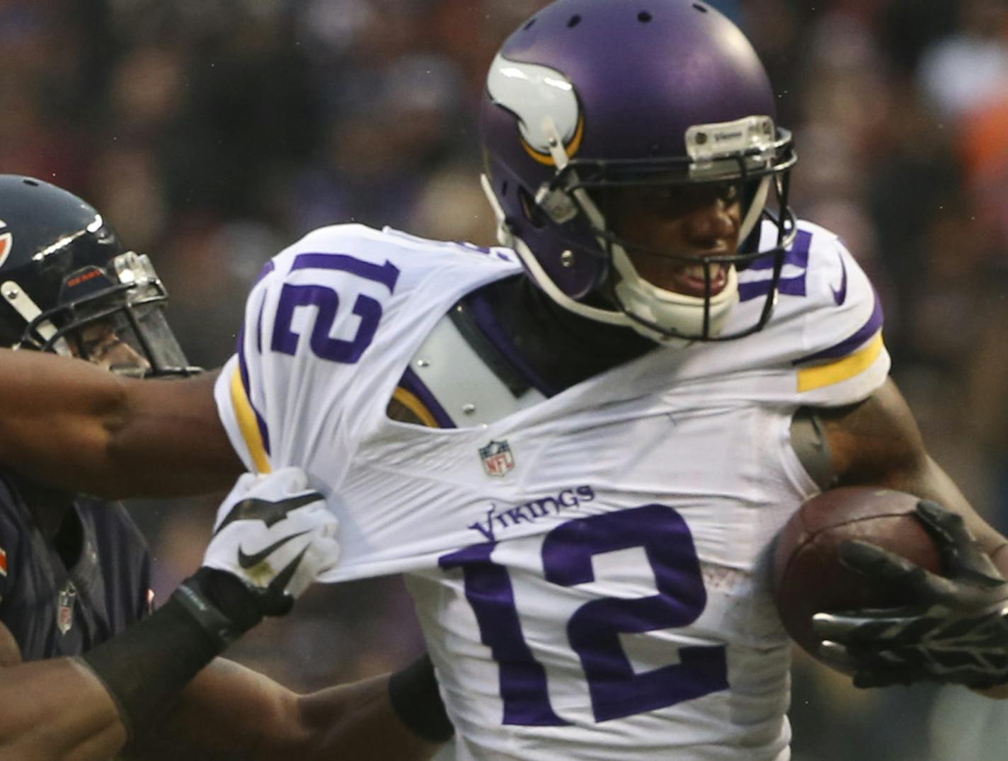 Minnesota Vikings wide receiver Charles Johnson was pushed out of bounds by Chicago Bears cornerback Demontre Hurst after he caught a late fourth quarter pass for a 24 yard gain Sunday afternoon at Soldier Field in Chicago. ] JEFF WHEELER &#x201a;&#xc4;&#xa2; jeff.wheeler@startribune.com The Vikings lost to the Chicago Bears 21-13 Sunday afternoon, November 16, 2014 at Soldier Field in Chicago.