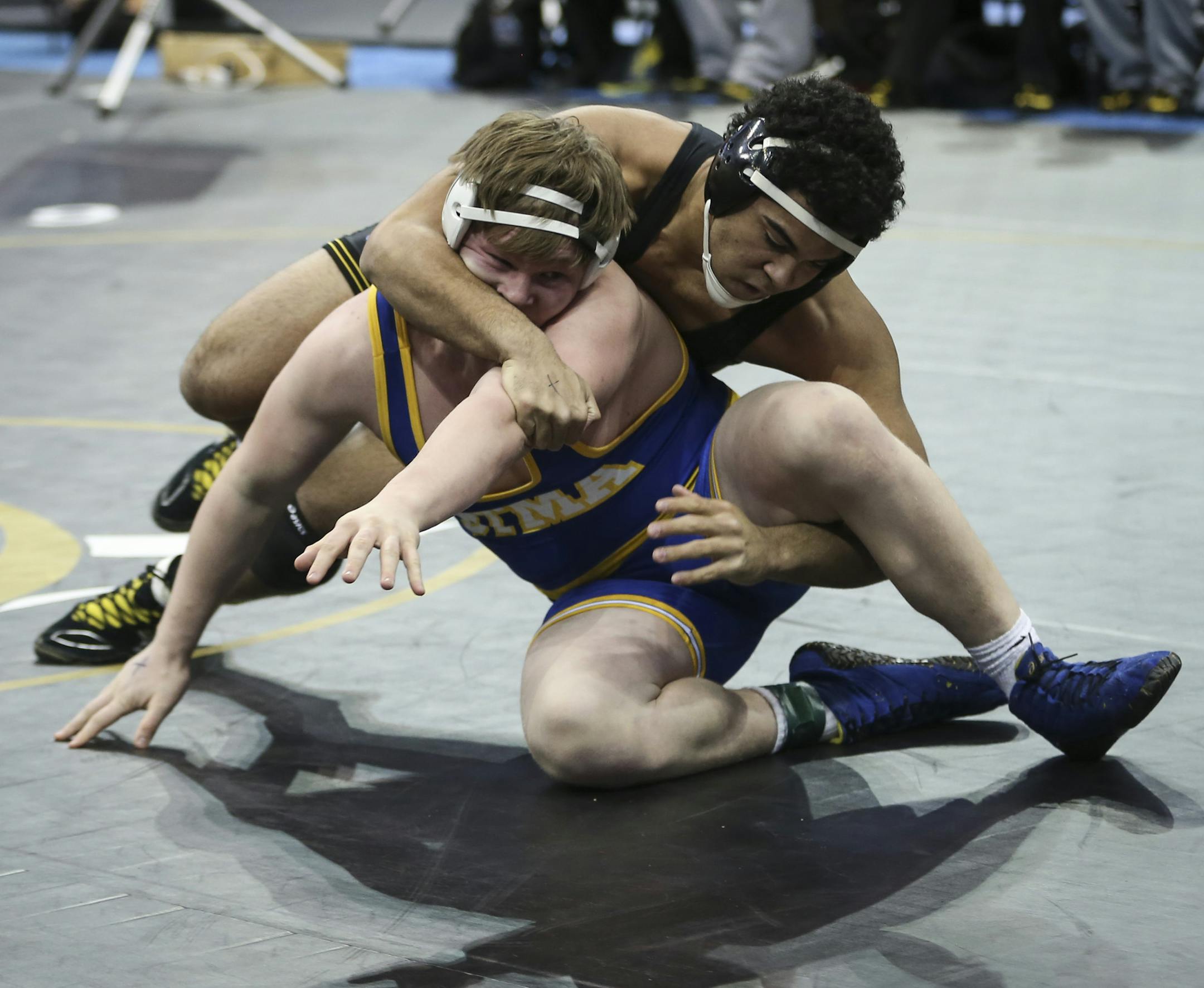 Apple Valley' Gable Steveson took control of St. Michael-Albertville's Randy Anderson during the final class AAA championship match at the Xcel Energy Center on Thursday, February 26, 2015 in St. Paul, Minn. ] RENEE JONES SCHNEIDER • reneejones@startribune.com
