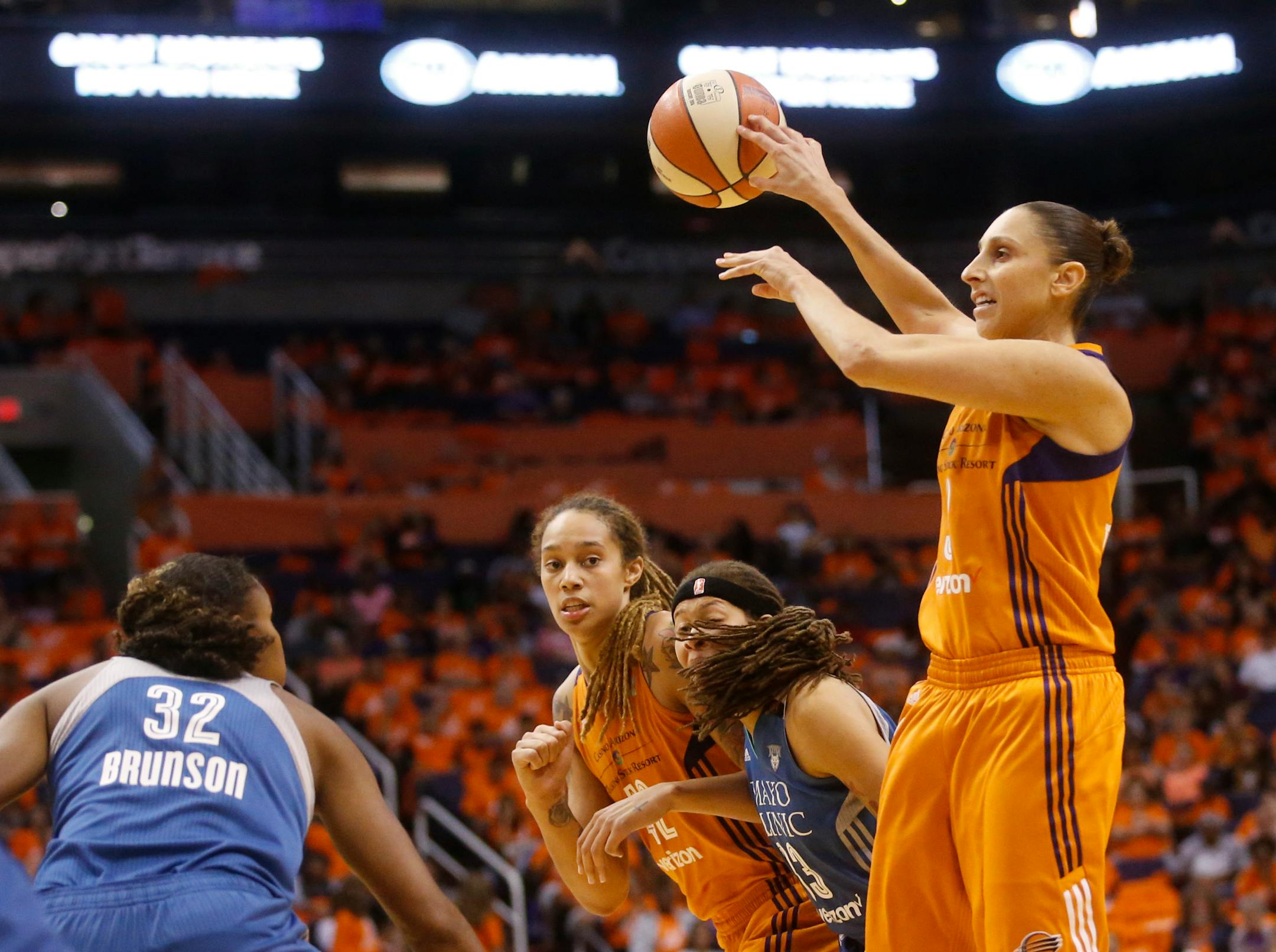 Mercury guard Diana Taurasi (right) will not play Sunday night against the Lynx, staying back in Phoenix basically to rest.
