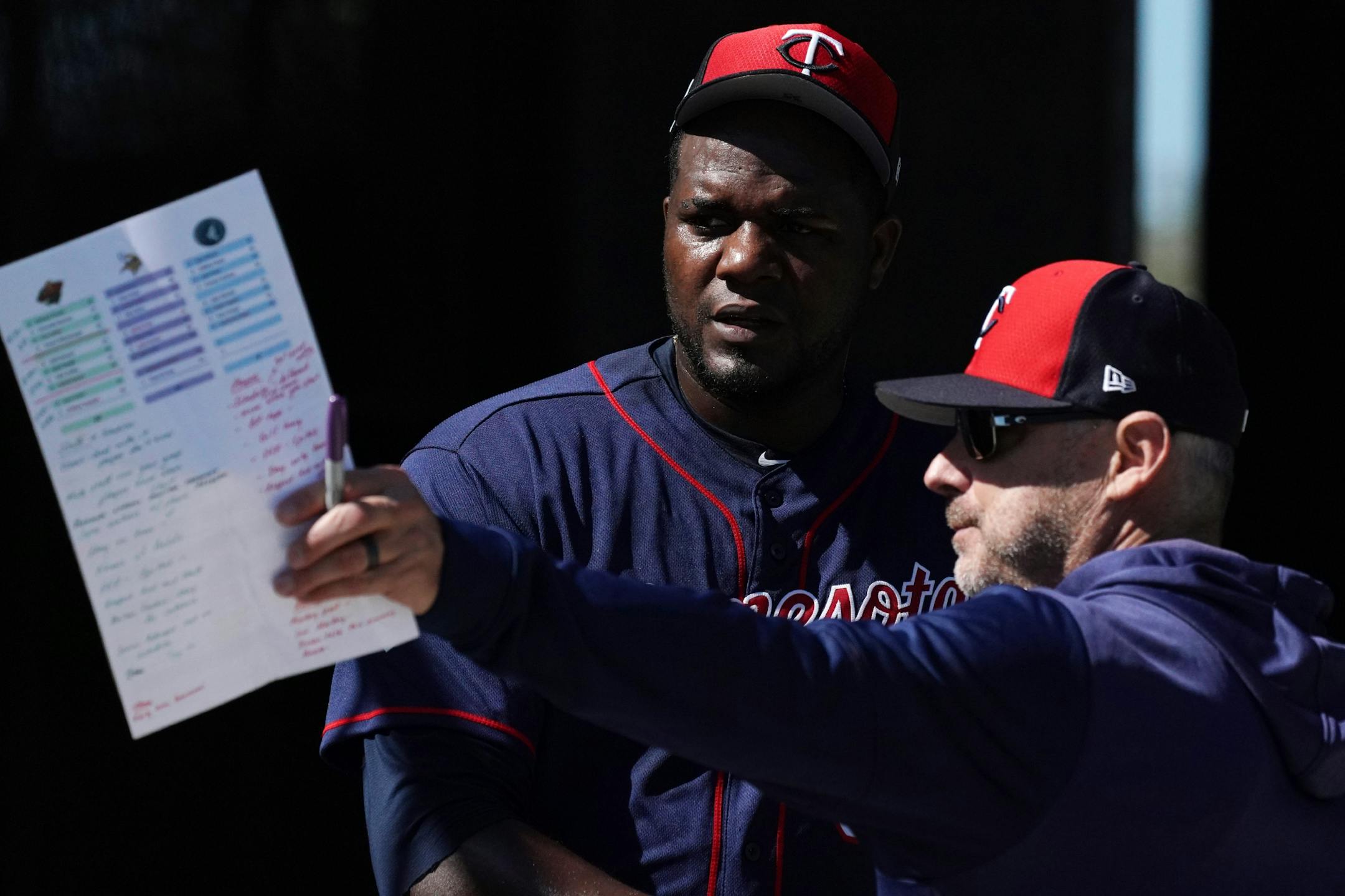 Twins pitcher Michael Pineda (35) was directed to the pitcher's mound to work on throws to first base Thursday morning.