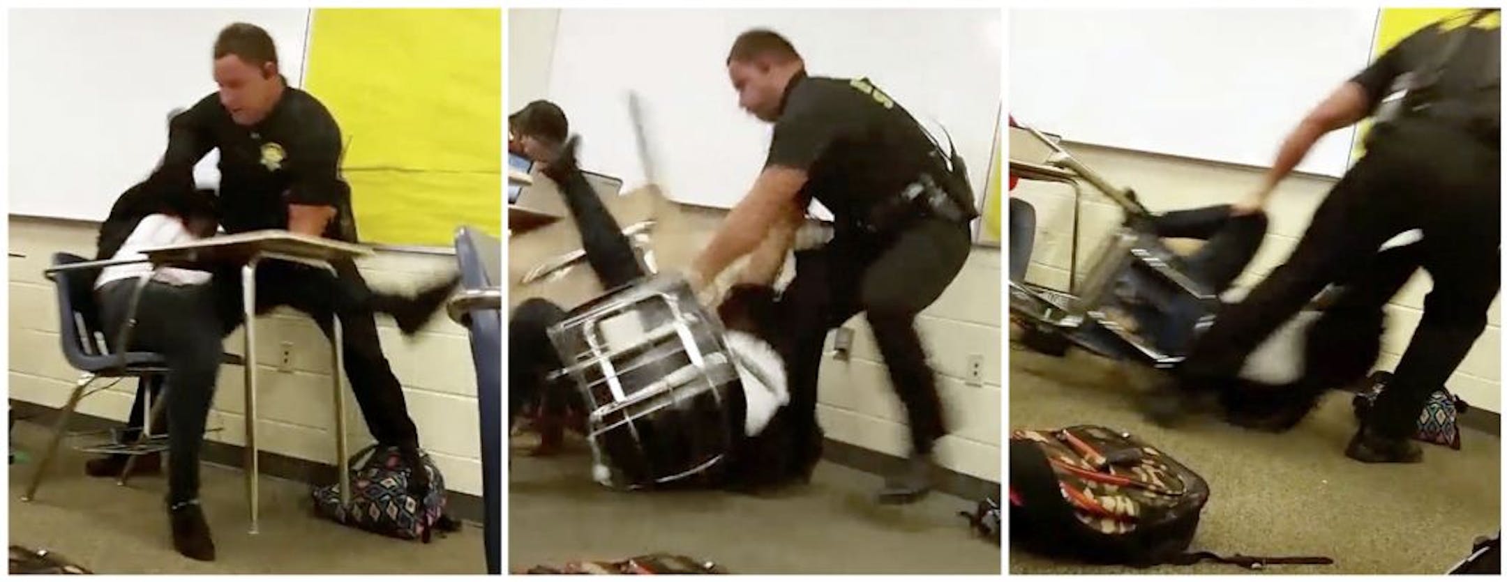 This three image combo made from video taken by a Spring Valley High School student on Monday, Oct, 26, 2015, shows Senior Deputy Ben Fields trying to forcibly remove a student from her chair after she refused to leave her high school math class, in Columbia S.C. The Justice Department opened a civil rights investigation Tuesday after Fields flipped the student backward in her desk and tossed her across the floor.
