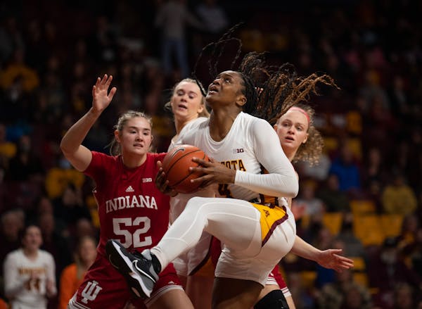 Rose Micheaux, front, showed vast improvement as a Gophers sophomore this season. But now she has entered the transfer portal.