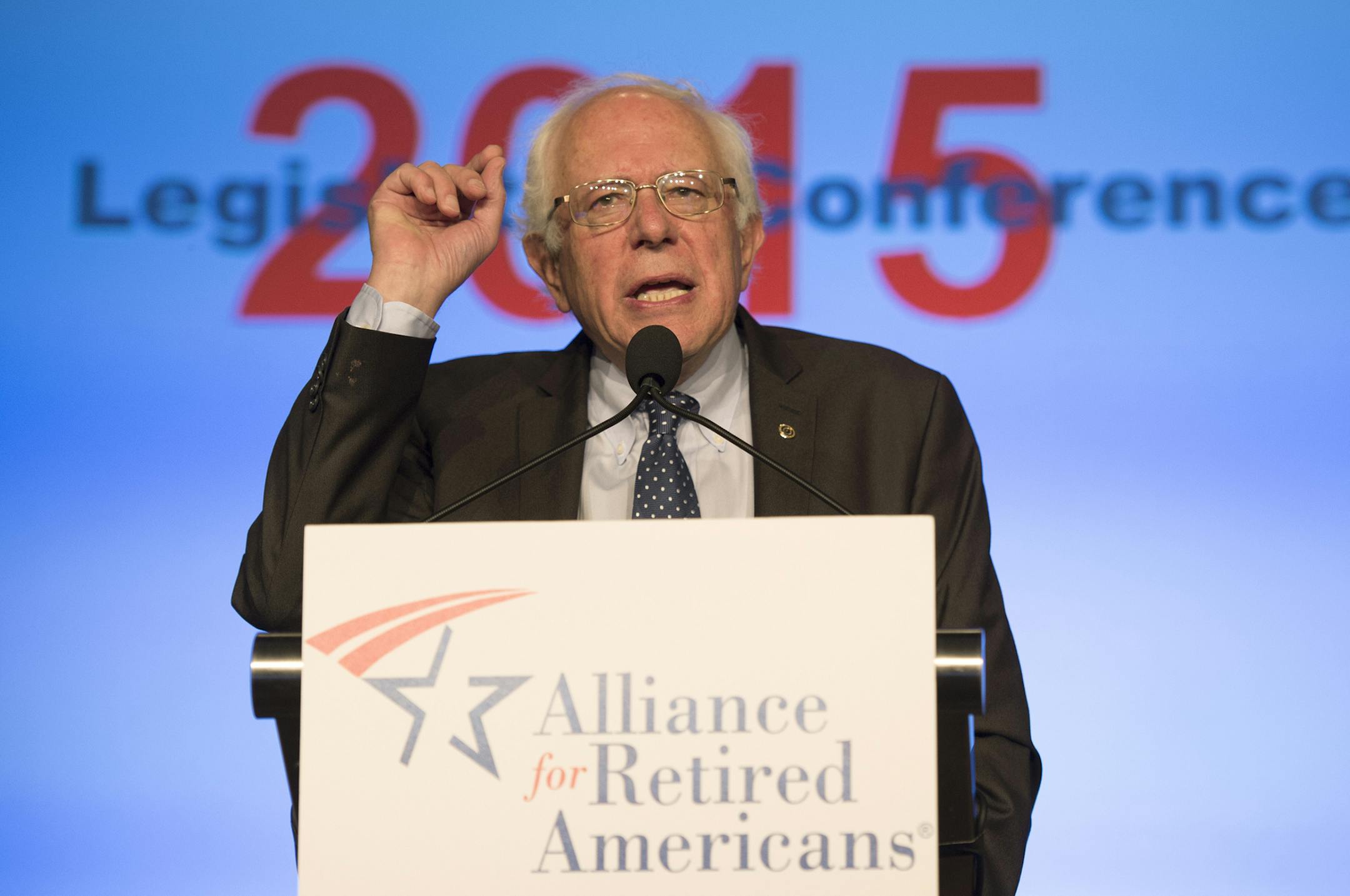 Democratic presidential candidate Sen. Bernie Sanders, I-Vt., speaks at the Alliance for Retired Americans 2015 National Legislative Conference in Washington, Thursday, July 9, 2015. (AP Photo/Molly Riley) ORG XMIT: DCMR109