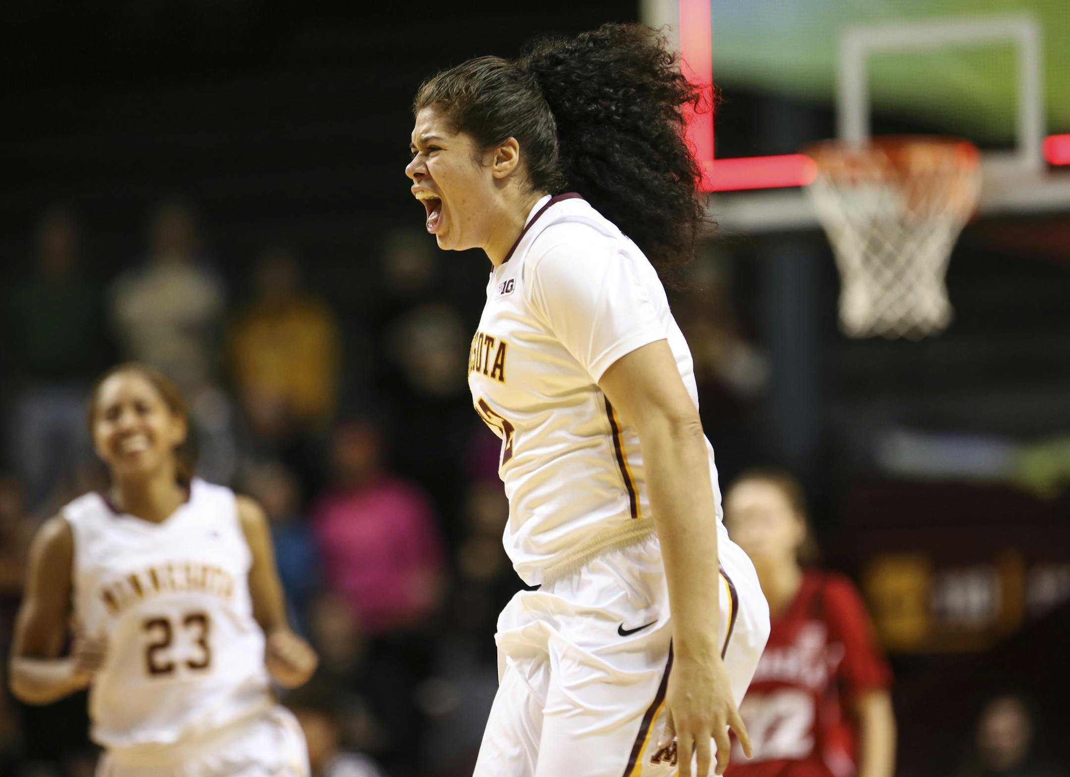 Amanda Zahui celebrated the Gopher's comeback win. Gophers won 72-69. ] RENÉE JONES SCHNEIDER reneejones@startribune.com Gophers women Big Ten season opener vs. Nebraska at Williams Arena at the University of Minnesota in Minneapolis, Minn., on Monday, December 29, 2014.