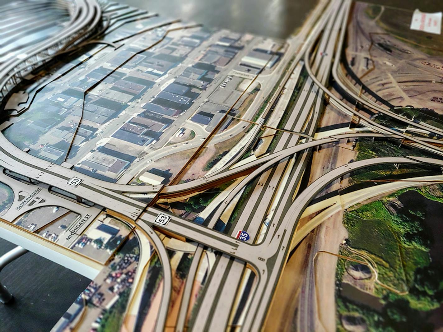 A model of the Twin Ports Interchange on display at a MnDOT meeting Jan. 13 in Duluth. Parts of the project have been delayed due to cost overruns.