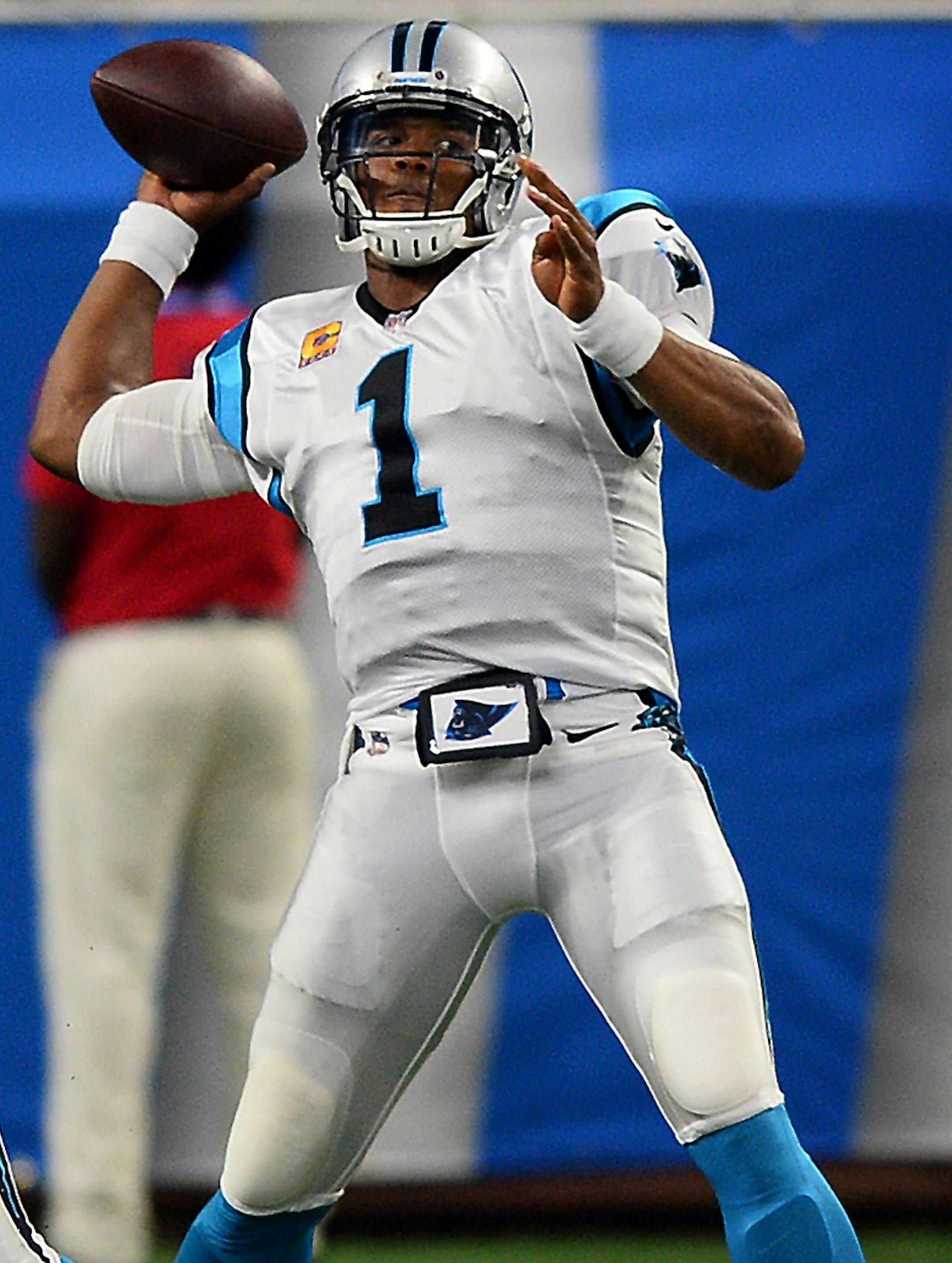 Carolina Panthers quarterback Cam Newton (1) drops back to pass in the first half against the Detroit Lions on Sunday, Oct. 8, 2017, at Ford Field in Detroit. The Panthers won, 27-24. (Jeff Siner/Charlotte Observer/TNS)
