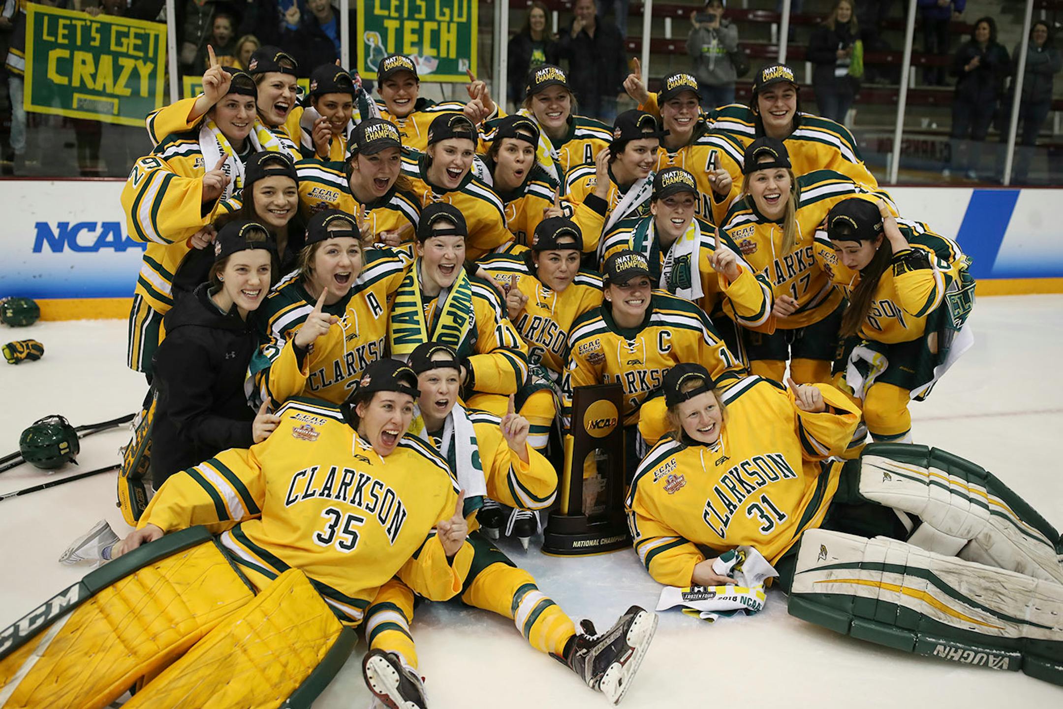 Clarkson Golden Knights celebrated there 2-1 overtime win at Ridder Arena Sunday March 18, 2018 in Minneapolis, MN.