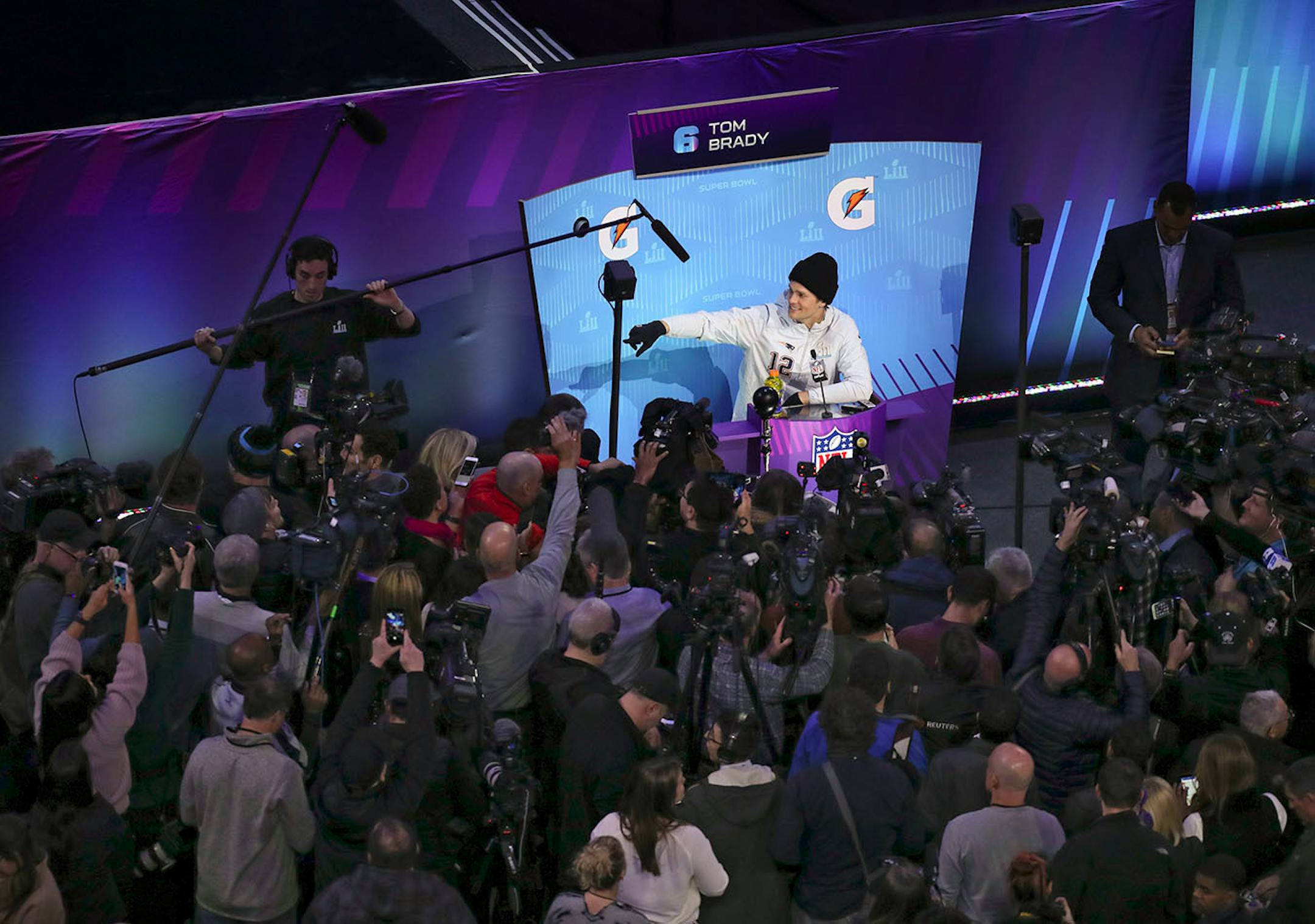Patriots quarterback Tom Brady had the largest crowd of media around him for his availability.