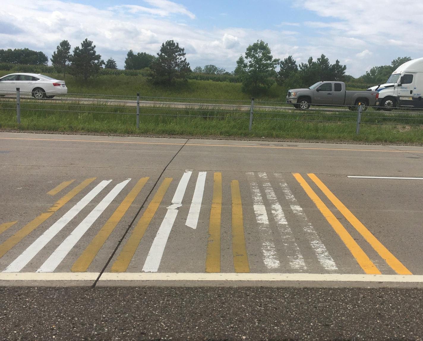 Test markings on northbound I-35E between Frenchman Road and the I-35E/35W split in Hugo will be removed.