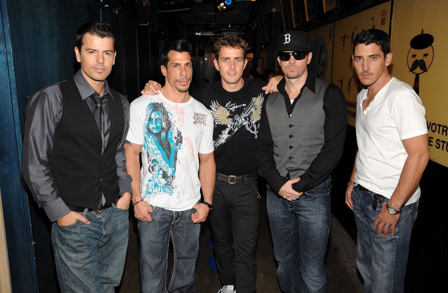 In this Sept. 2, 2008 file photo, New Kids on the Block members, from left, Jordan Knight, Danny Wood, Joe McIntyre, Donnie Wahlberg and Jon Knight make an appearance on MTV's "Total Request Live" show in New York.