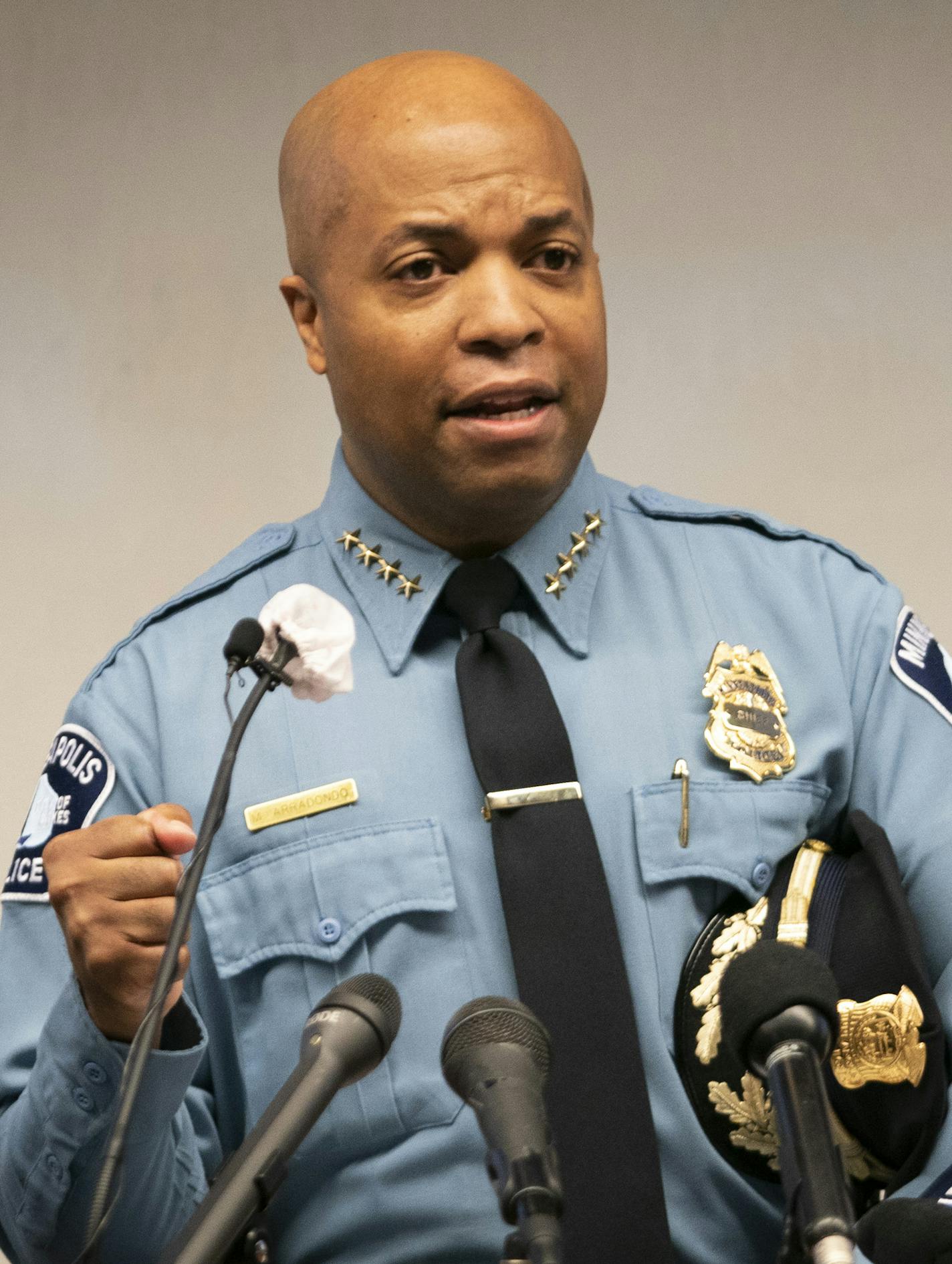 Chief Medaria Arradondo spoke during a press conference to announce the Justice Department has put $3 million toward the creation of a national center to help law enforcement agencies prevent the use of excessive force at the Federal Courthouse in Minneapolis on Tuesday, October 20, 2020. ] RENEE JONES SCHNEIDER renee.jones@startribune.com