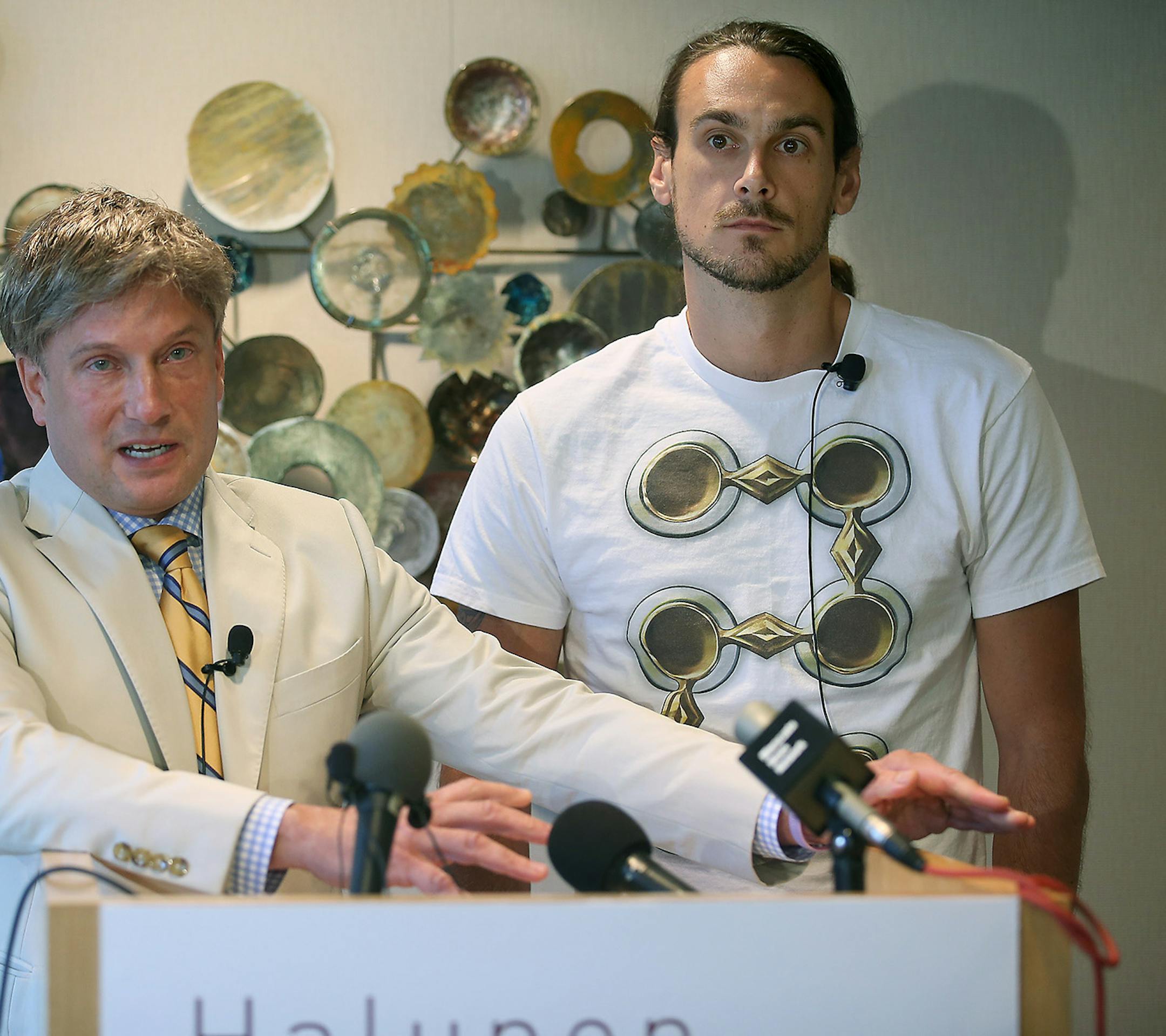 Attorney Clayton Halunen and former Vikings punter Chris Kluwe discussed the results of their legal agreement with the Minnesota Vikings Tuesday, August 19, 2014 at Halunen & Associates in Minneapolis, MN. ] (ELIZABETH FLORES/STAR TRIBUNE) ELIZABETH FLORES • eflores@startribune.com