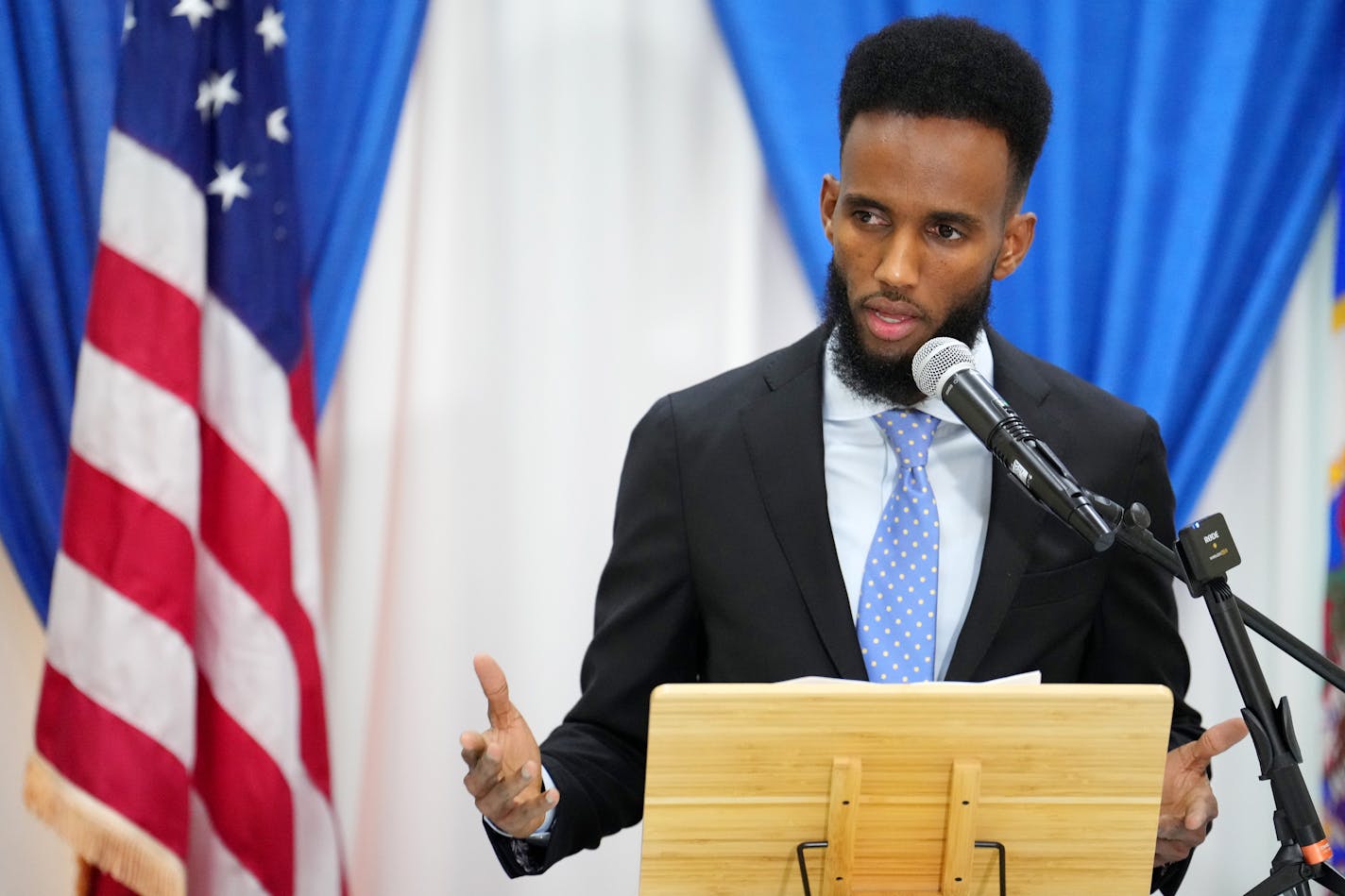 Minneapolis City Council candidate Nasri Warsame speaks during a press conference to announce he's continuing his campaign days after the state DFL banned him from seeking the party's endorsement Thursday, June 1, 2023, at the Umatul Islam Center in south Minneapolis. ] ANTHONY SOUFFLE • anthony.souffle@startribune.com