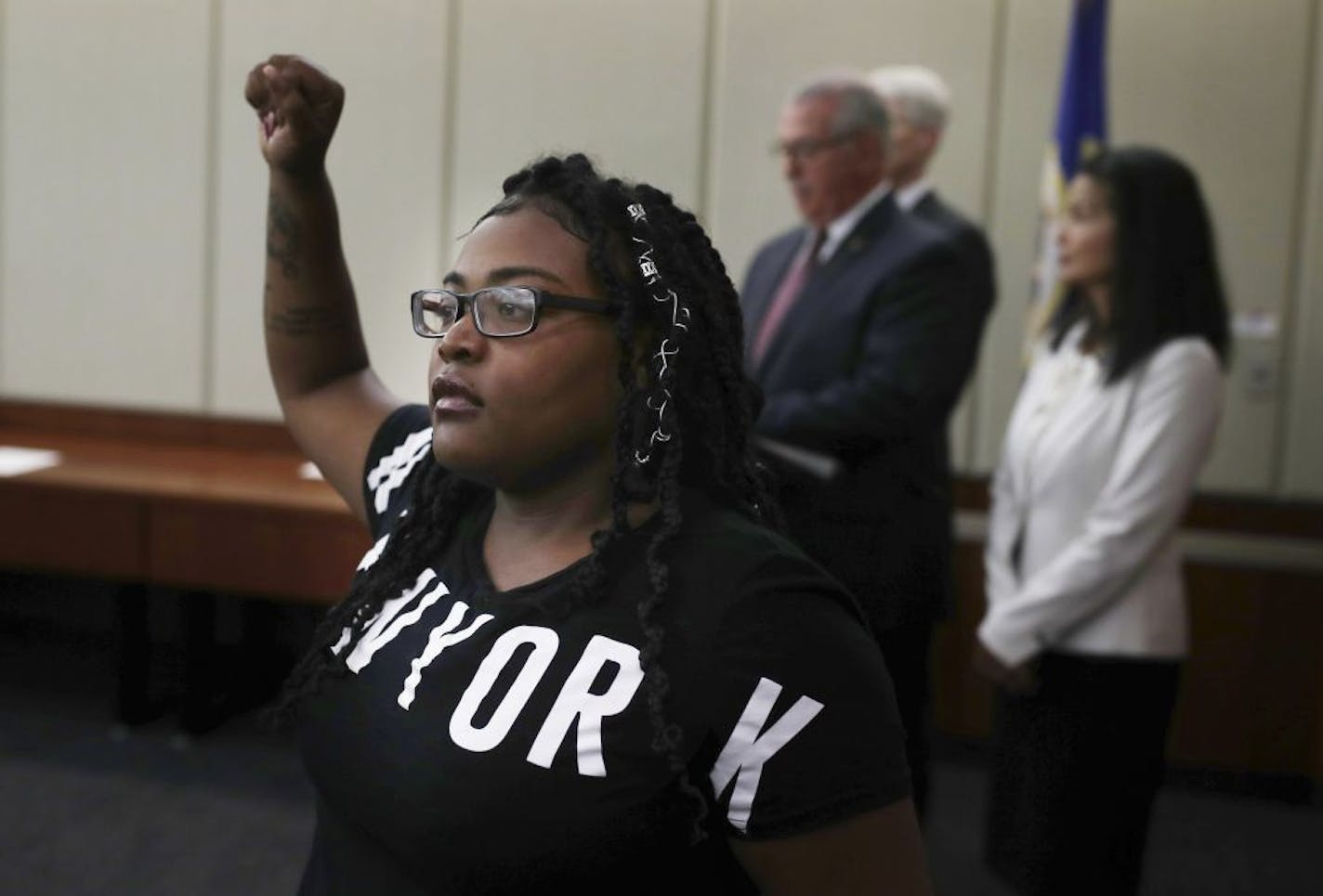 Sydnee Brown, a cousin of Thurman Blevins, and other protesters interrupted a news conference held by Hennepin County Attorney Mike Freeman on Monday in Minneapolis.