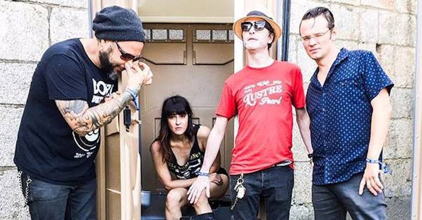 Stinson gets to know his new bandmates: Frank Ferrer (left), Cat Popper (seated) and Luther Dickinson (right). The Hold Steady's Steve Selvidge will play in Dickinson's place on tour next month.