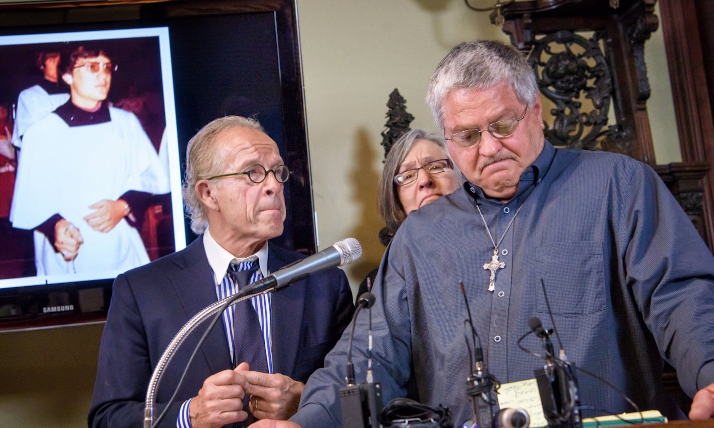 Ron Vasek told the story of how he was abused by Msgr. Roger Grundhaus at 16 and how 46 years later, as Ron studied to become a deacon, Bishop Hoeppner threatened to prevent him from becoming a deacon and threatened Ron's son's future as a priest in the Diocese of Crookston. The suit against the Diocese was brought by attorney Jeff Anderson, left. Behind them is Ron's wife Patty. On left is Ron as a teenage altar boy.