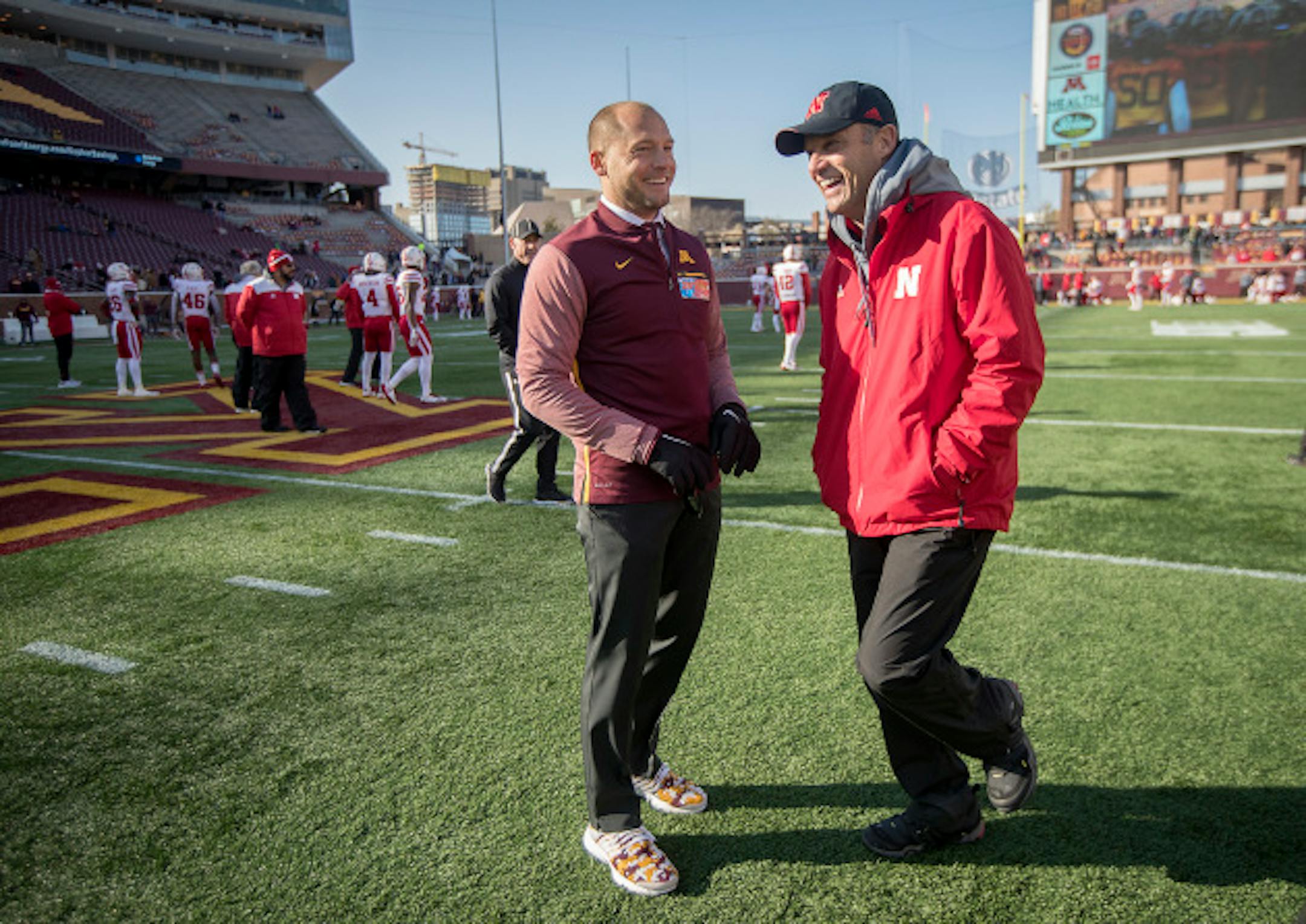 Minnesota's Head Coach P. J. Fleck, right, and Nebraska Head Coach Mike Riley greeted each other on the field before the Gophers took on Nebraska, Saturday, November 11, 2017 at TCF Bank Stadium in Minneapolis, MN.   ]  ELIZABETH FLORES ' liz.flores@startribune.com
