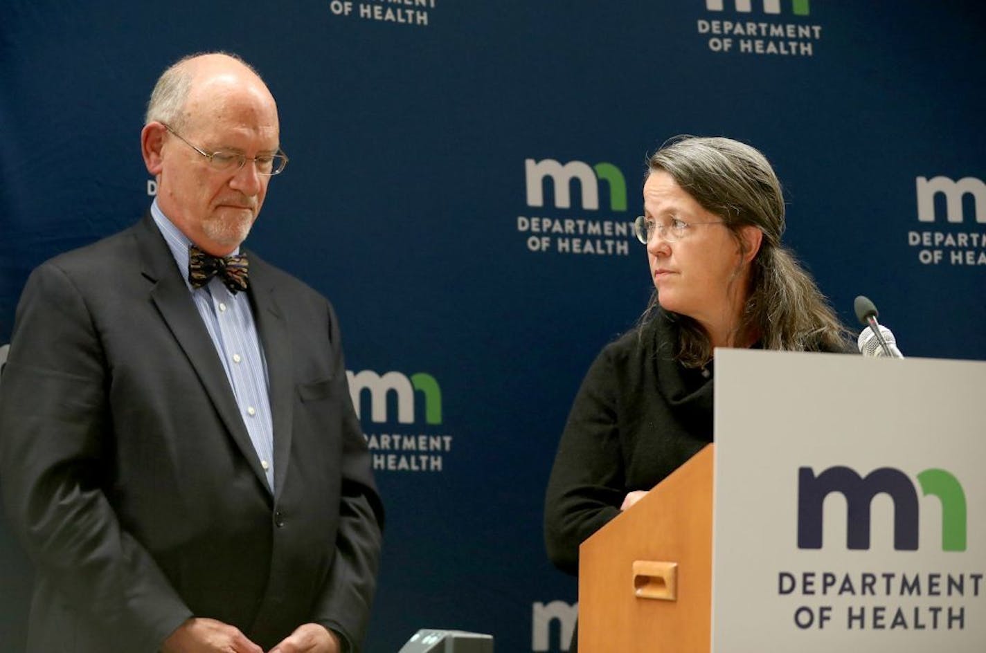 Minnesota's drug overdose deaths continued to climb in 2016, Minnesota Health Commissioner Dr. Ed Ehlinger, left, revealed during a press conference Thursday, Sept. 7, 2017, at the Freeman Building in St. Paul, MN. Answering media questions along with Ehlinger was Dr. Kari Rabie, right, who has a medical practice at the Native American Community Clinic. Native Americans in Minnesota are six times more likely to die of an opioid overdose than white Minnesotans-- among the highest disparities in t