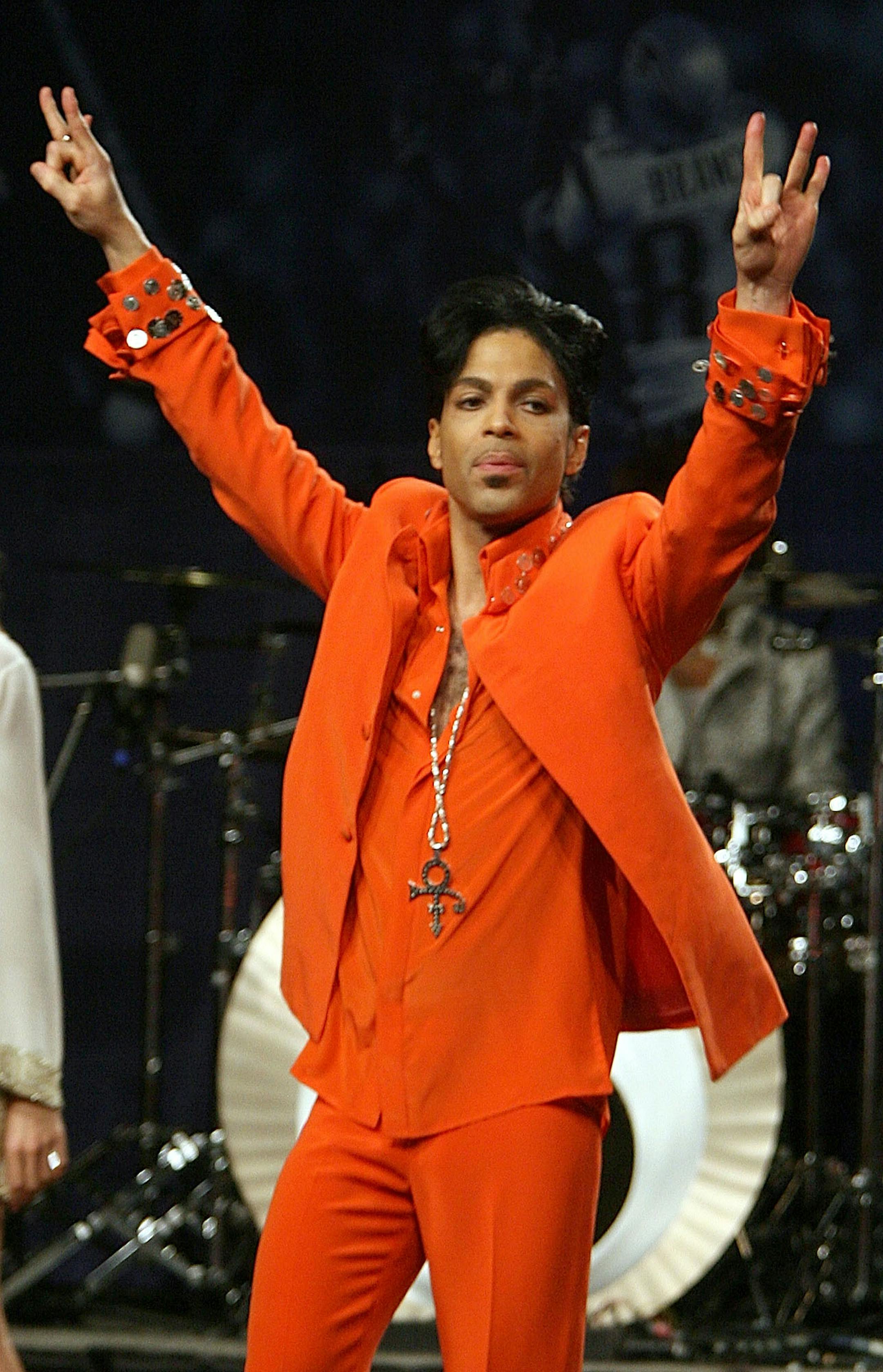 Prince performs during a news conference at the Miami Beach Convention Center in Miami Beach, Florida, in February 2007.