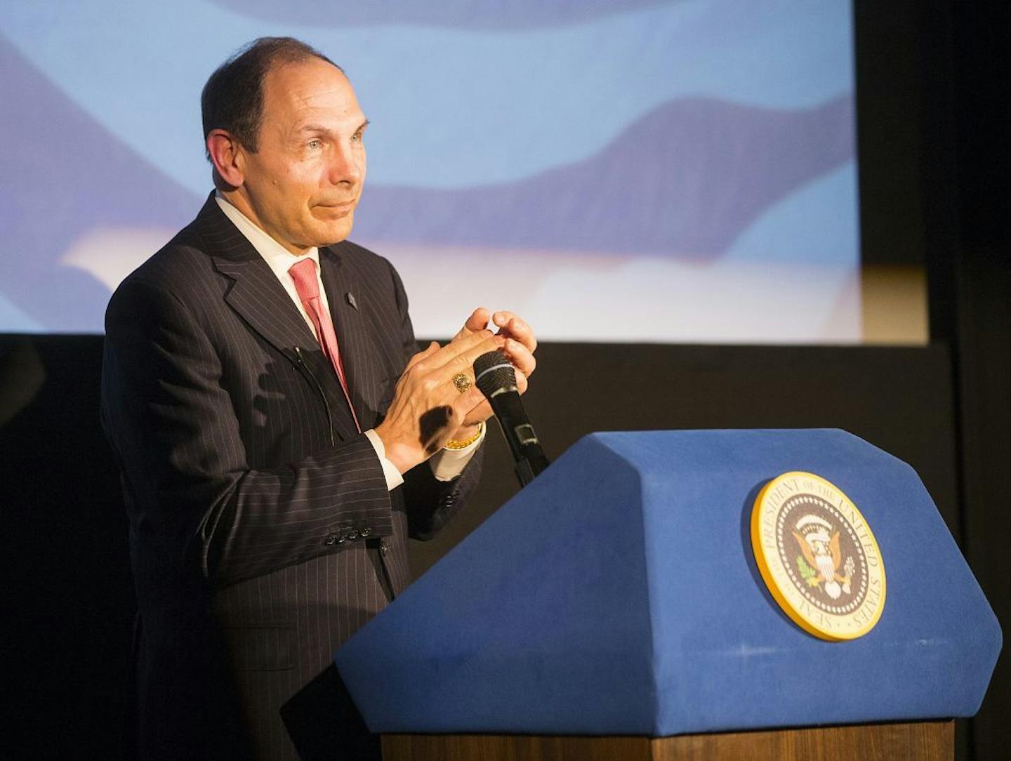 IMAGE DISTRIBUTED FOR JUSTICE FOR VETS - United States Department of Veterans Affairs Secretary Robert McDonald delivers remarks during an event launching the Justice For Vets West Wing PSA at Warner Bros. Studios on Tuesday, March 8, 2016 in Burbank, CA.