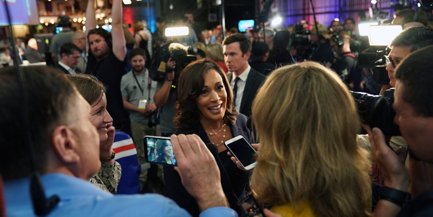 Sen. Kamala Harris (D-Calif.) speaks to reporters following the Democratic presidential debate in Miami on Thursday night, June 27, 2019. Harris impressed campaign veterans across the board with her confrontation with former Vice President Joe Biden. (Doug Mills/The New York Times)