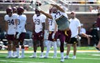 Seth Green caught a ball during practice Saturday, but he's found his way into the quarterback room now that the Gophers' depth is thin.