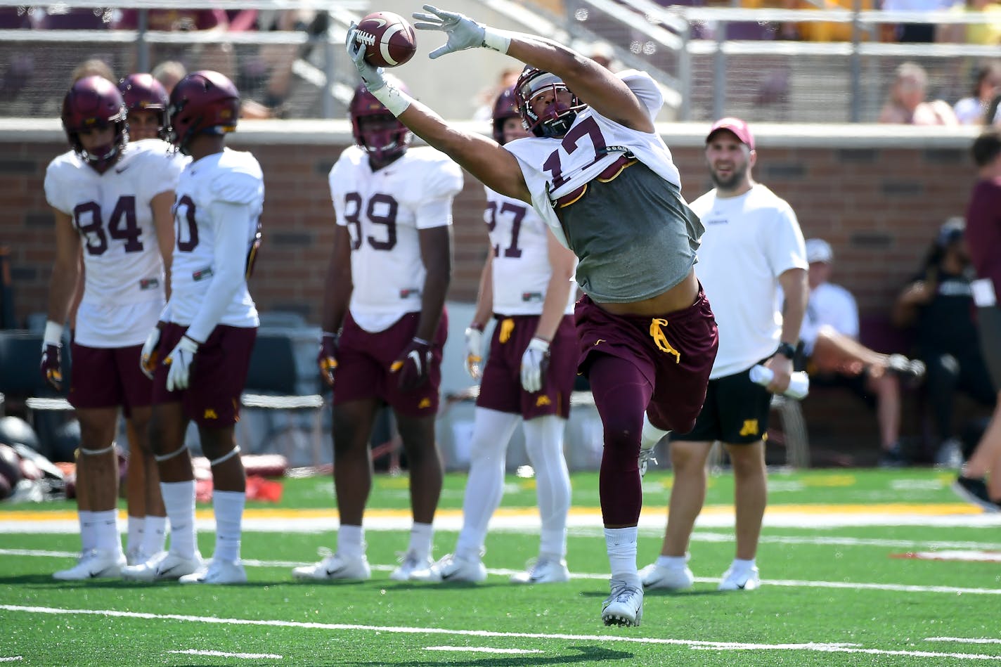 Seth Green caught a ball during practice Saturday, but he's found his way into the quarterback room now that the Gophers' depth is thin.