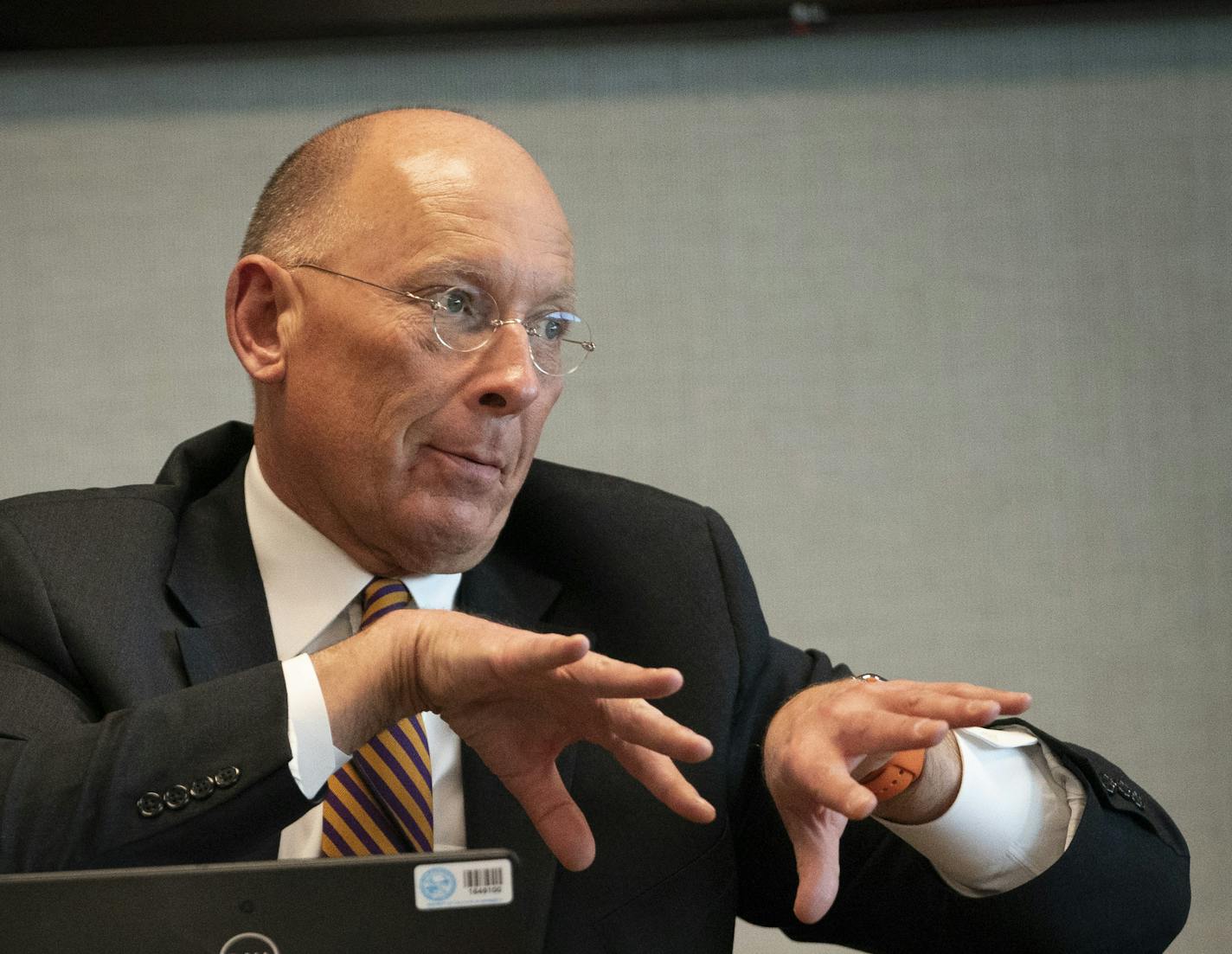 Commissioner Paul Schnell and his executive team sat around a table for their daily briefing on coronavirus preparations at the Department of Corrections headquarters, Minn., on Wednesday, March 11, 2020. ] RENEE JONES SCHNEIDER &#x2022; renee.jones@startribune.com