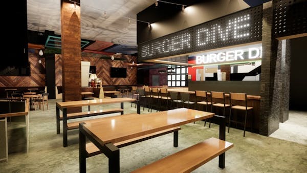 A rendering of Burger Dive at the new Potluck food hall at Rosedale Center