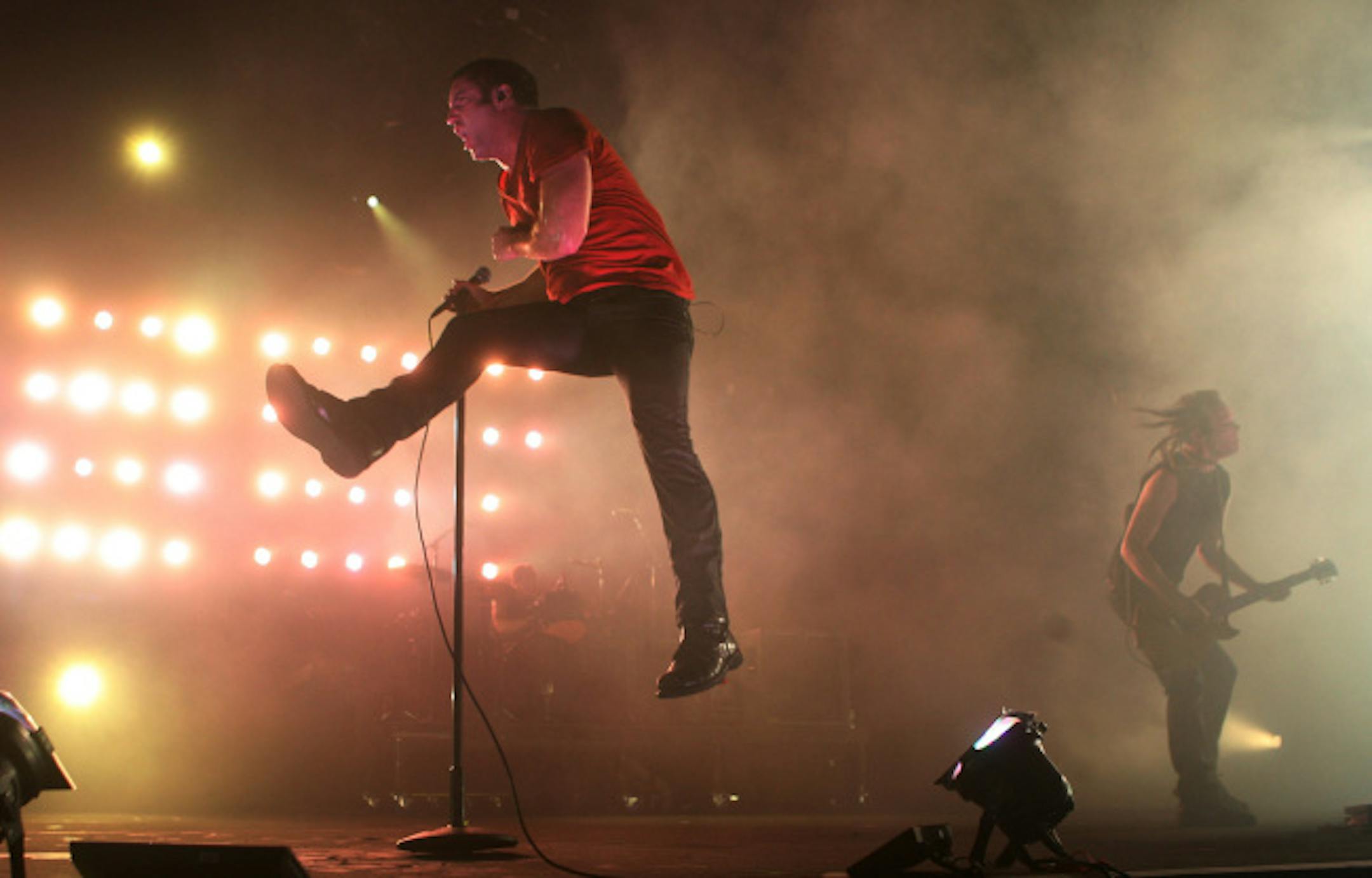 Nine Inch Nails lead singer Trent Reznor jumped across the stage at Target Center on Tuesday night. The mike stand took a pounding but hung in there, and the array of strobes and flashing lights was worthy of a seizure. Check out the set list at startribune.com/poplife.