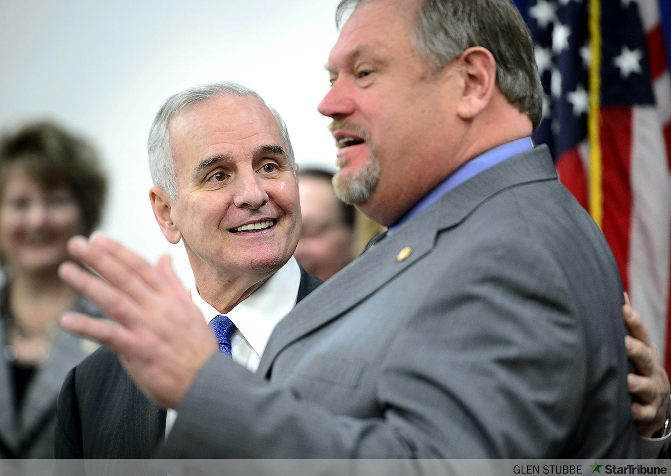 Gov. Mark Dayton and Sen. Tom Bakk will share the same microphone Thursday that the governor used to blast the Senate majority leader a few weeks back. The event to tout the Senate DFL's transportation proposal is the first time Dayton and Bakk will appear publicly together since their falling-out     ] GLEN STUBBE * gstubbe@startribune.com  Thursday, March 5, 2015,