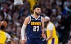 Nuggets guard Jamal Murray reacts after hitting a basket in the second half of Game 5 against the Lakers.